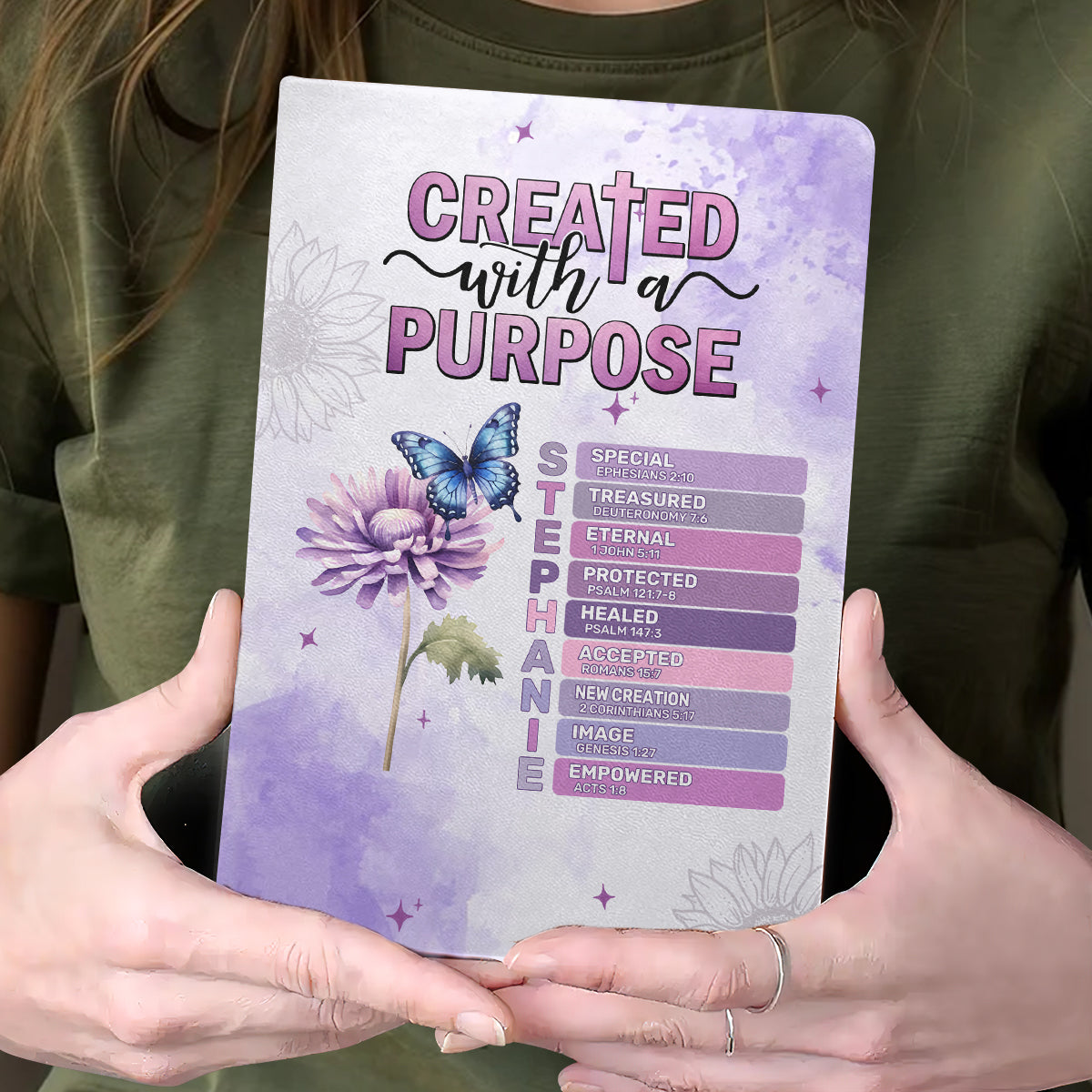 Created With A Purpose Flowers And Butterflies | Personalized Leather Cover Notebook