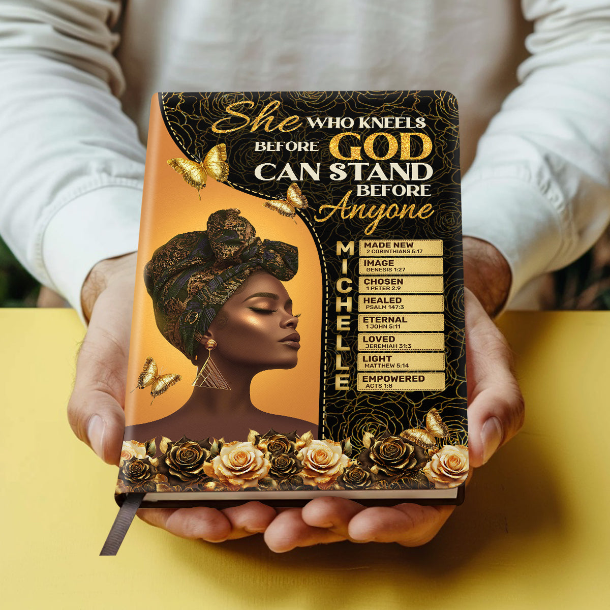 She Who Kneels Before God Can Stand Before Anyone | Personalized Leather Cover Notebook