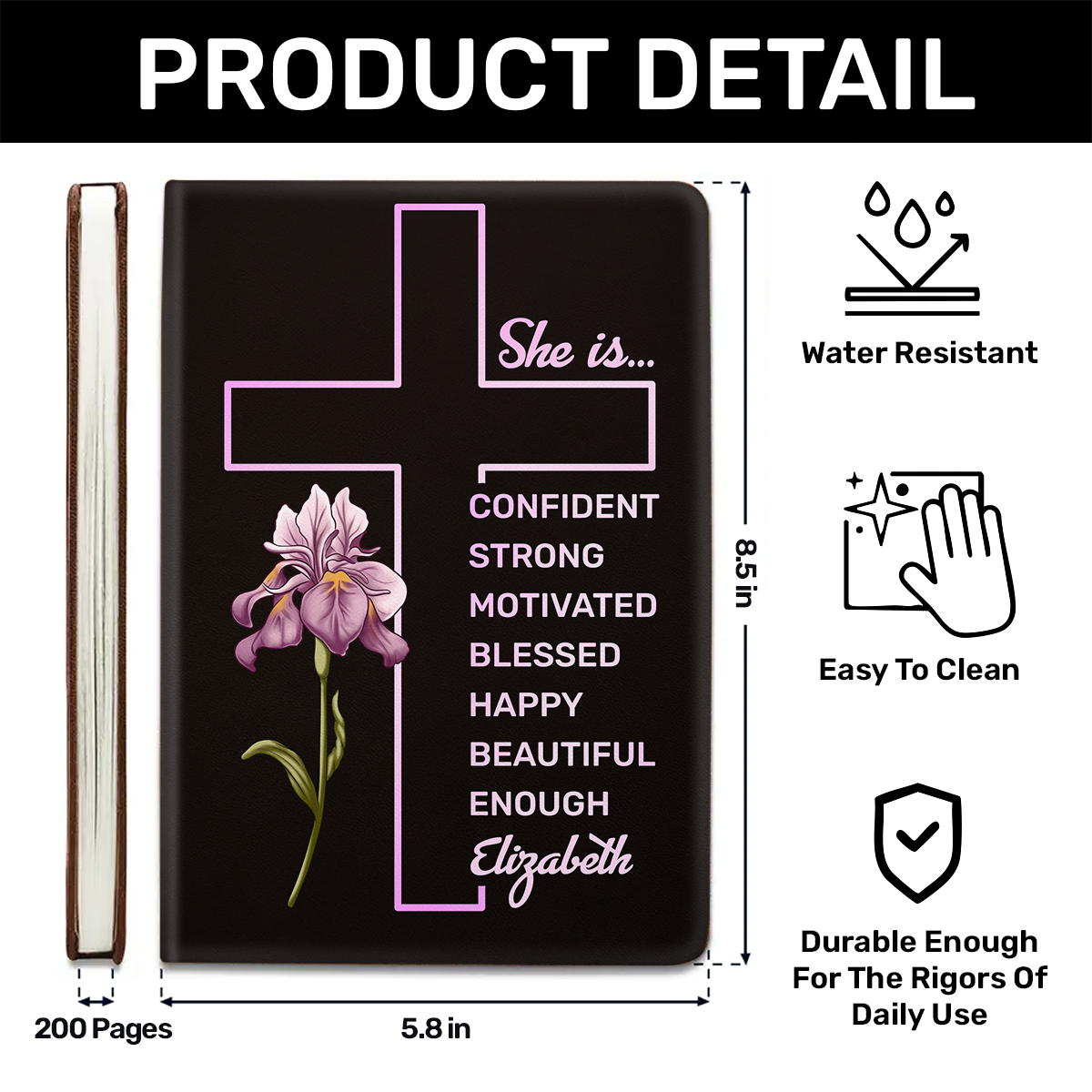 She Is Confident, Is Strong, Is Motivated, Is Blessed, Is Happy, Is Beautiful, Is Enough | Personalized Leather Cover Notebook