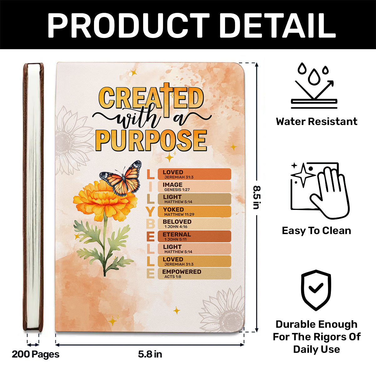 Created With A Purpose Flowers And Butterflies | Personalized Leather Cover Notebook
