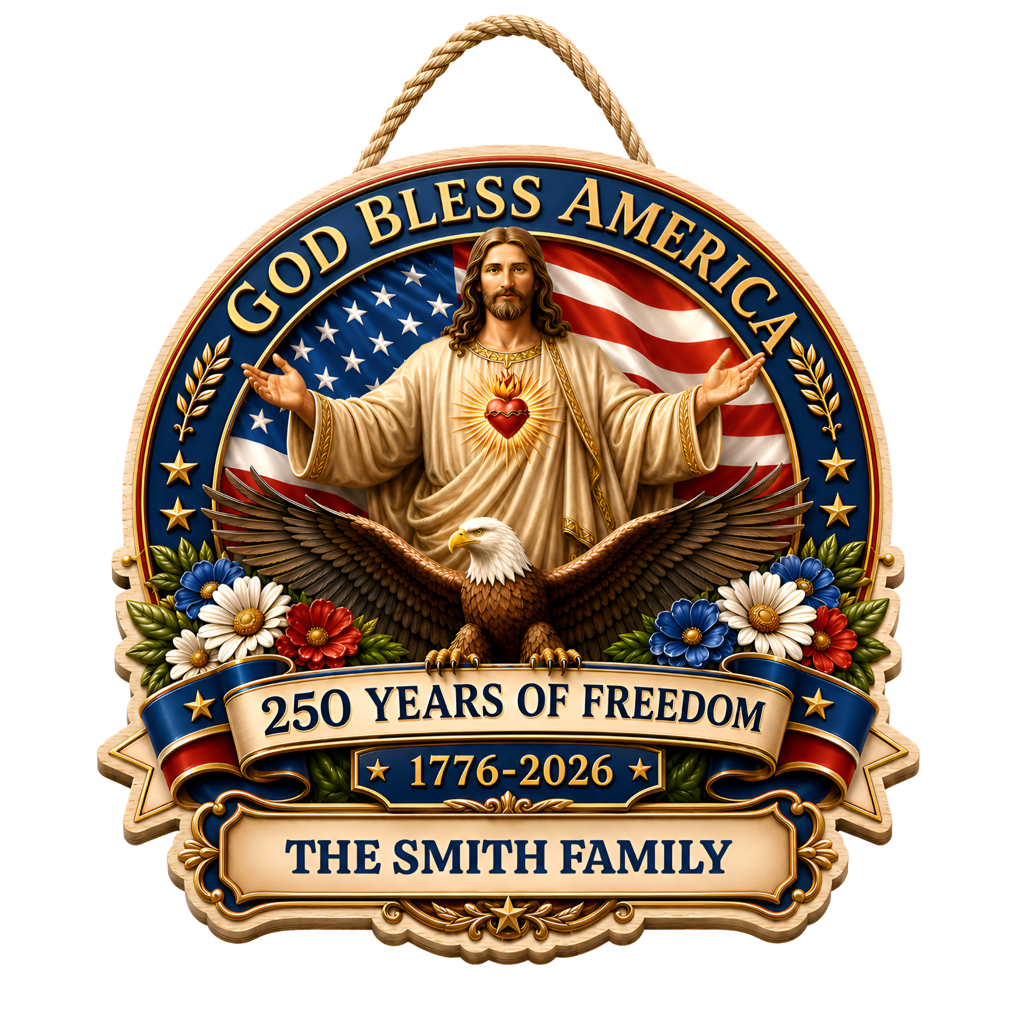 Hapigifts 250 Anniversary USA Woodsign, Patriotic Door Sign, God Bless America Wreath, Personalized Family Name Plywood Wall Decor For 4th Of July, 16, 18, 20, 24 In - D5