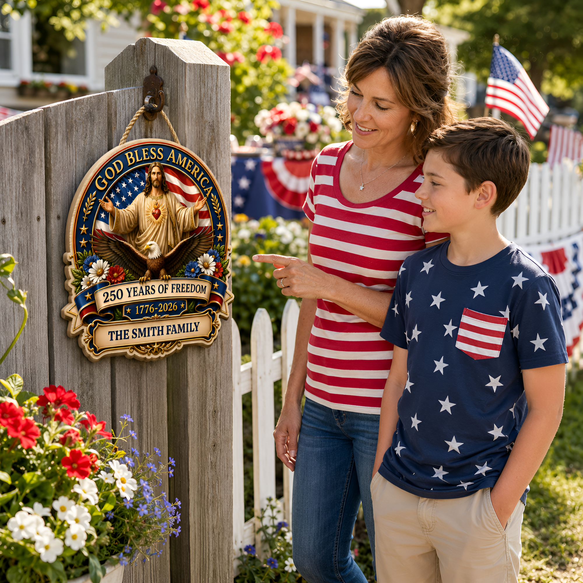 Hapigifts 250 Anniversary USA Woodsign, Patriotic Door Sign, God Bless America Wreath, Personalized Family Name Plywood Wall Decor For 4th Of July, 16, 18, 20, 24 In - D5
