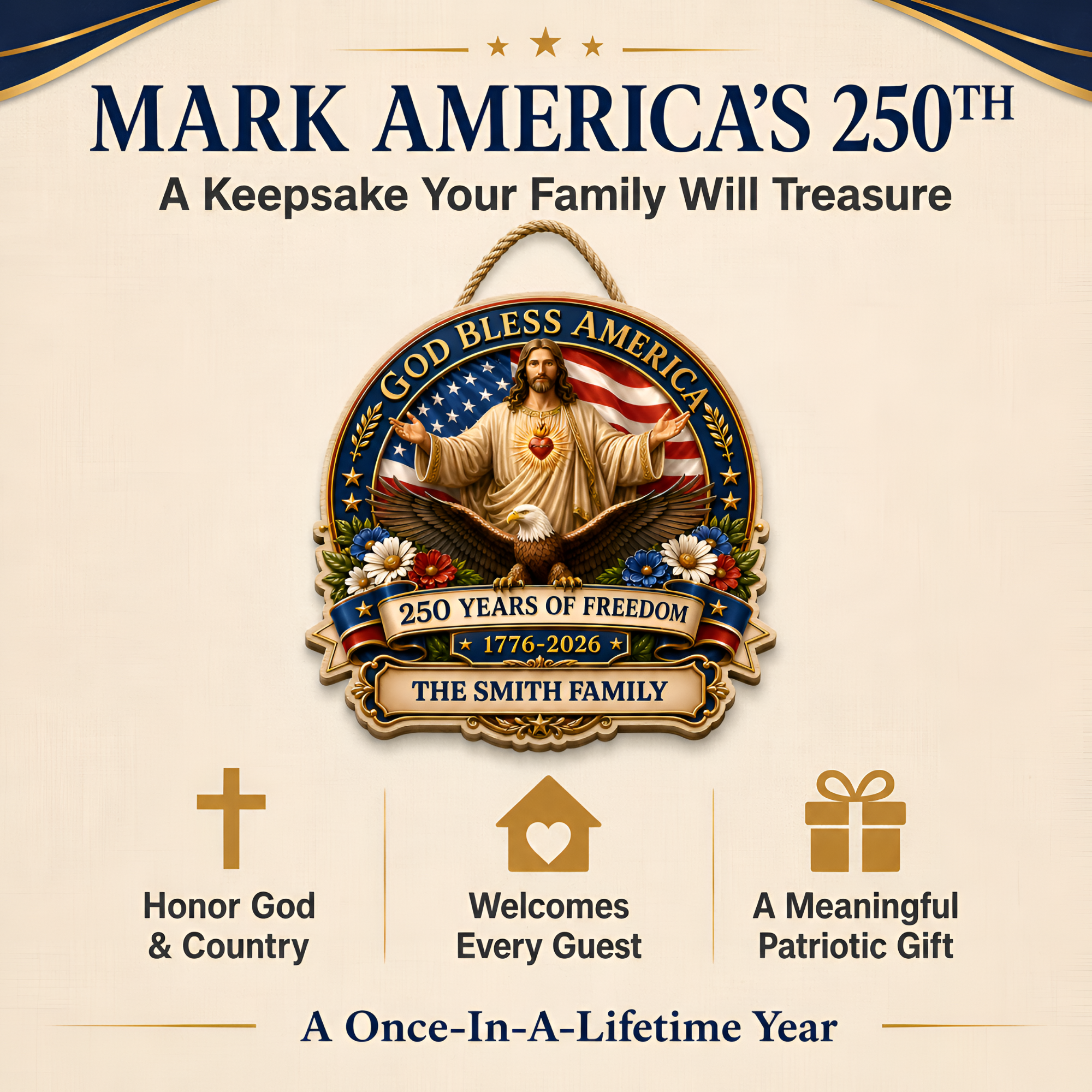 Hapigifts 250 Anniversary USA Woodsign, Patriotic Door Sign, God Bless America Wreath, Personalized Family Name Plywood Wall Decor For 4th Of July, 16, 18, 20, 24 In - D5