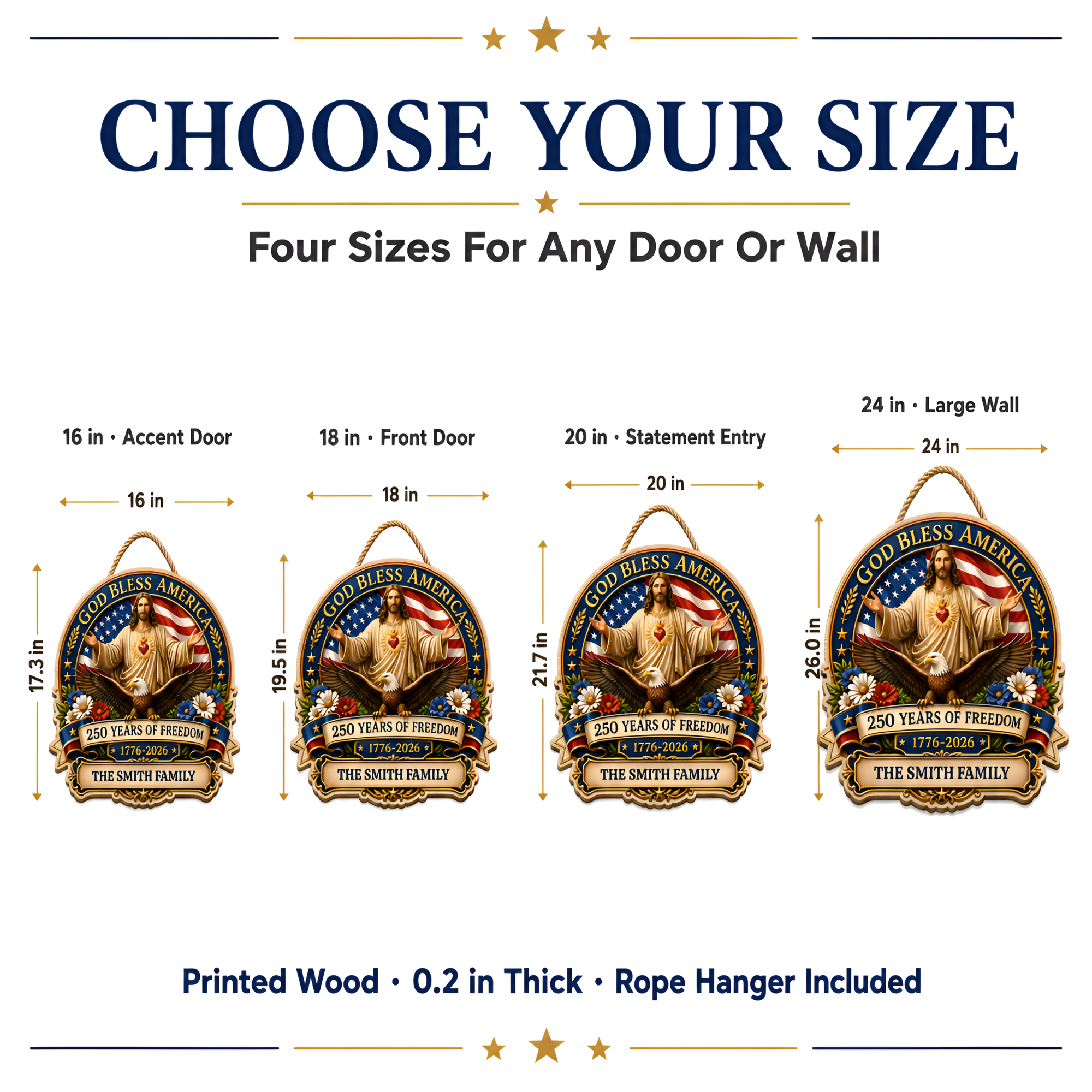 Hapigifts 250 Anniversary USA Woodsign, Patriotic Door Sign, God Bless America Wreath, Personalized Family Name Plywood Wall Decor For 4th Of July, 16, 18, 20, 24 In - D5