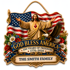 Hapigifts 250 Anniversary USA Woodsign, Patriotic Door Sign, God Bless America Wreath, Personalized Family Name Plywood Wall Decor For 4th Of July, 16, 18, 20, 24 In - D6