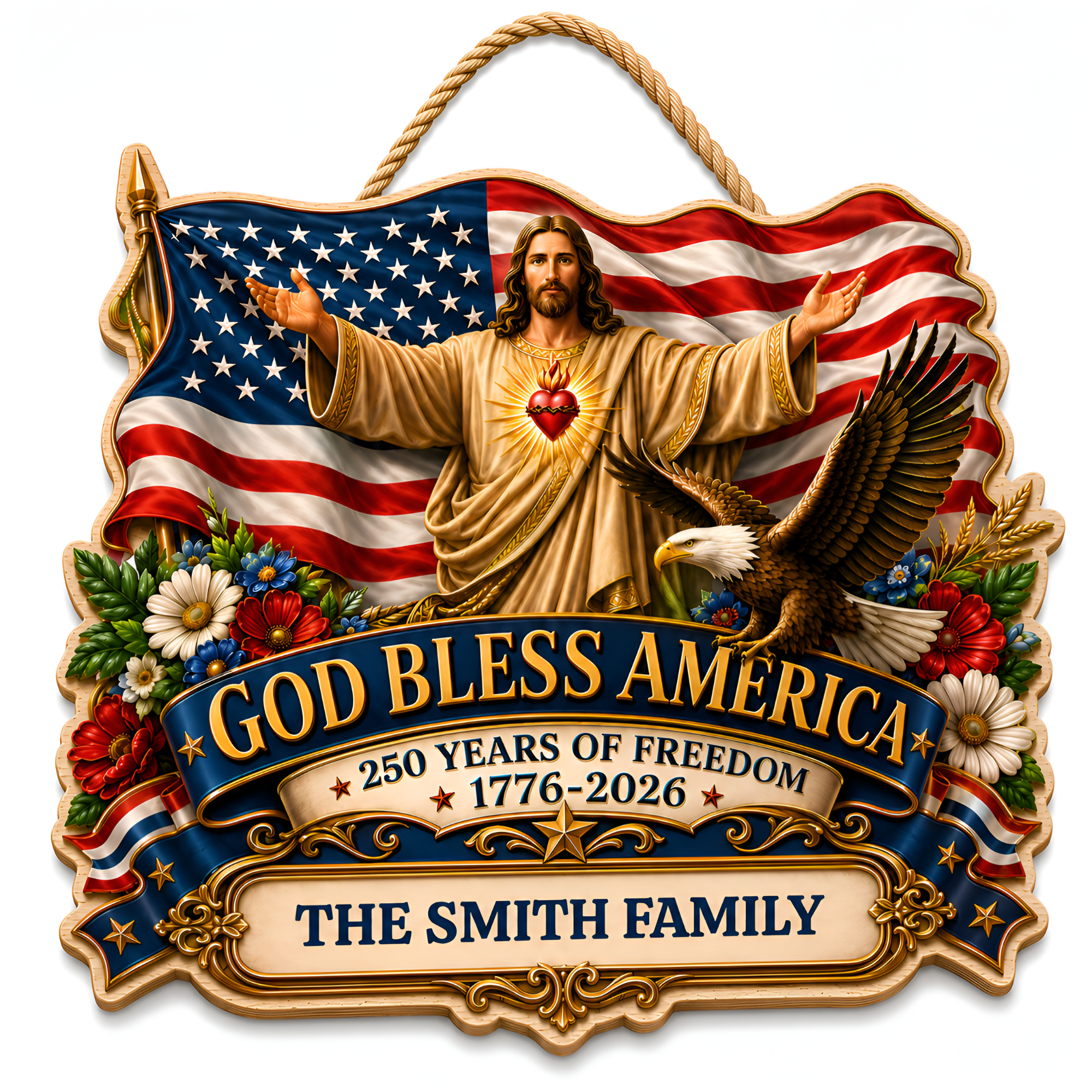 Hapigifts 250 Anniversary USA Woodsign, Patriotic Door Sign, God Bless America Wreath, Personalized Family Name Plywood Wall Decor For 4th Of July, 16, 18, 20, 24 In - D6