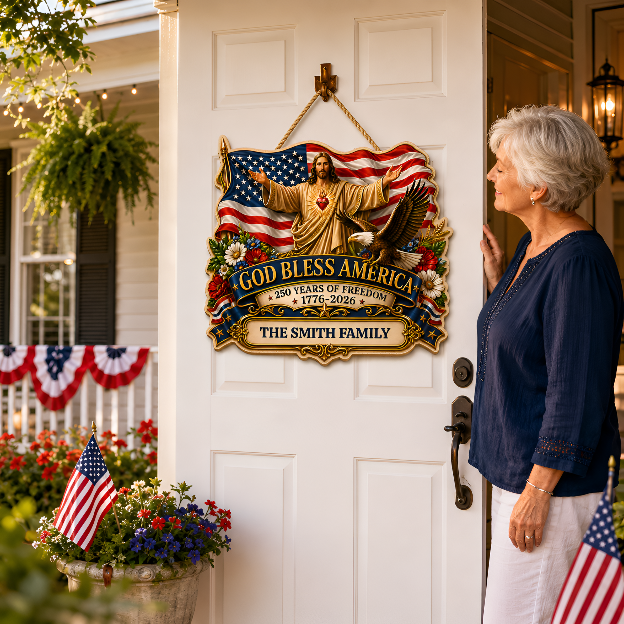 Hapigifts 250 Anniversary USA Woodsign, Patriotic Door Sign, God Bless America Wreath, Personalized Family Name Plywood Wall Decor For 4th Of July, 16, 18, 20, 24 In - D6