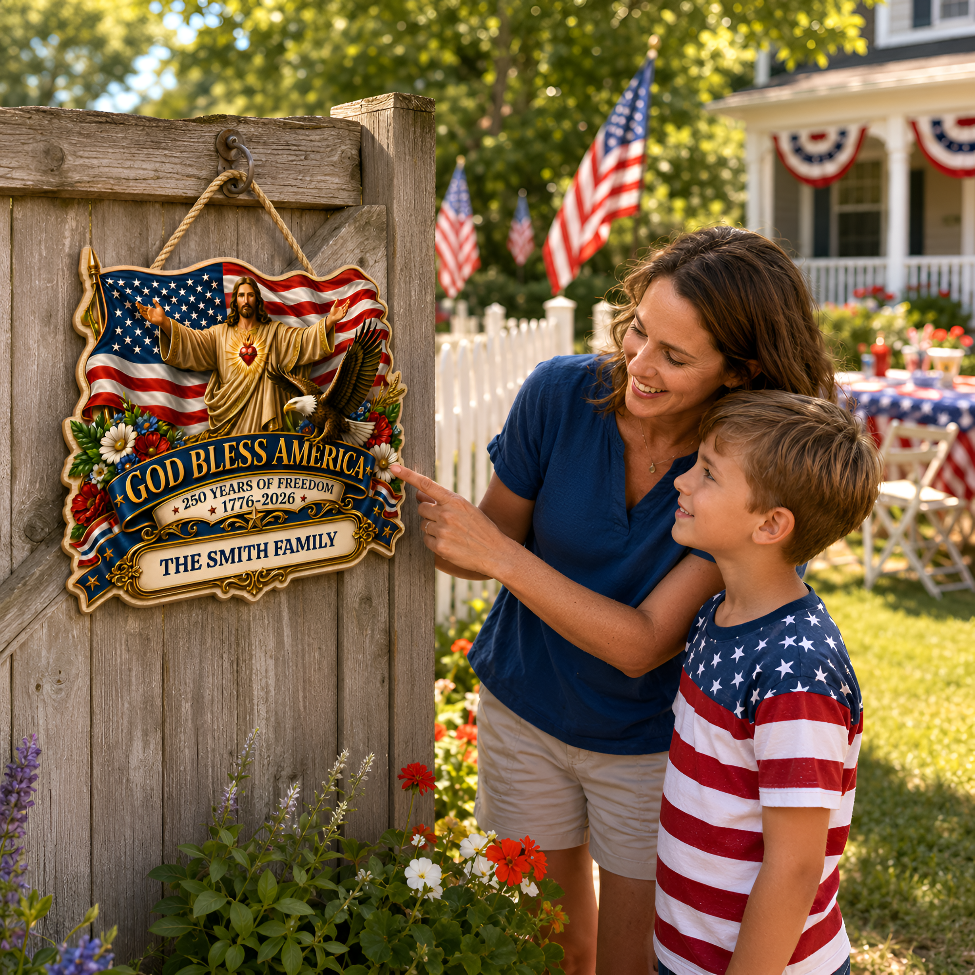 Hapigifts 250 Anniversary USA Woodsign, Patriotic Door Sign, God Bless America Wreath, Personalized Family Name Plywood Wall Decor For 4th Of July, 16, 18, 20, 24 In - D6