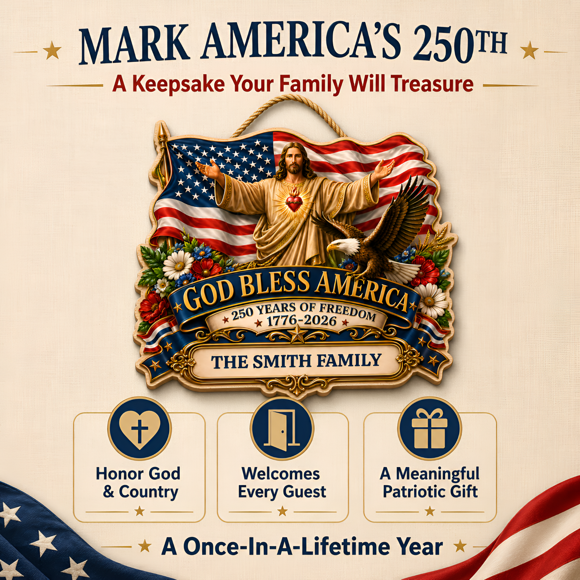 Hapigifts 250 Anniversary USA Woodsign, Patriotic Door Sign, God Bless America Wreath, Personalized Family Name Plywood Wall Decor For 4th Of July, 16, 18, 20, 24 In - D6