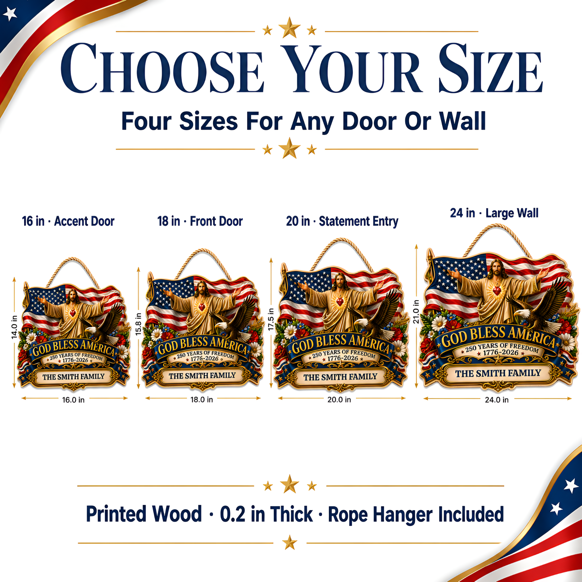Hapigifts 250 Anniversary USA Woodsign, Patriotic Door Sign, God Bless America Wreath, Personalized Family Name Plywood Wall Decor For 4th Of July, 16, 18, 20, 24 In - D6