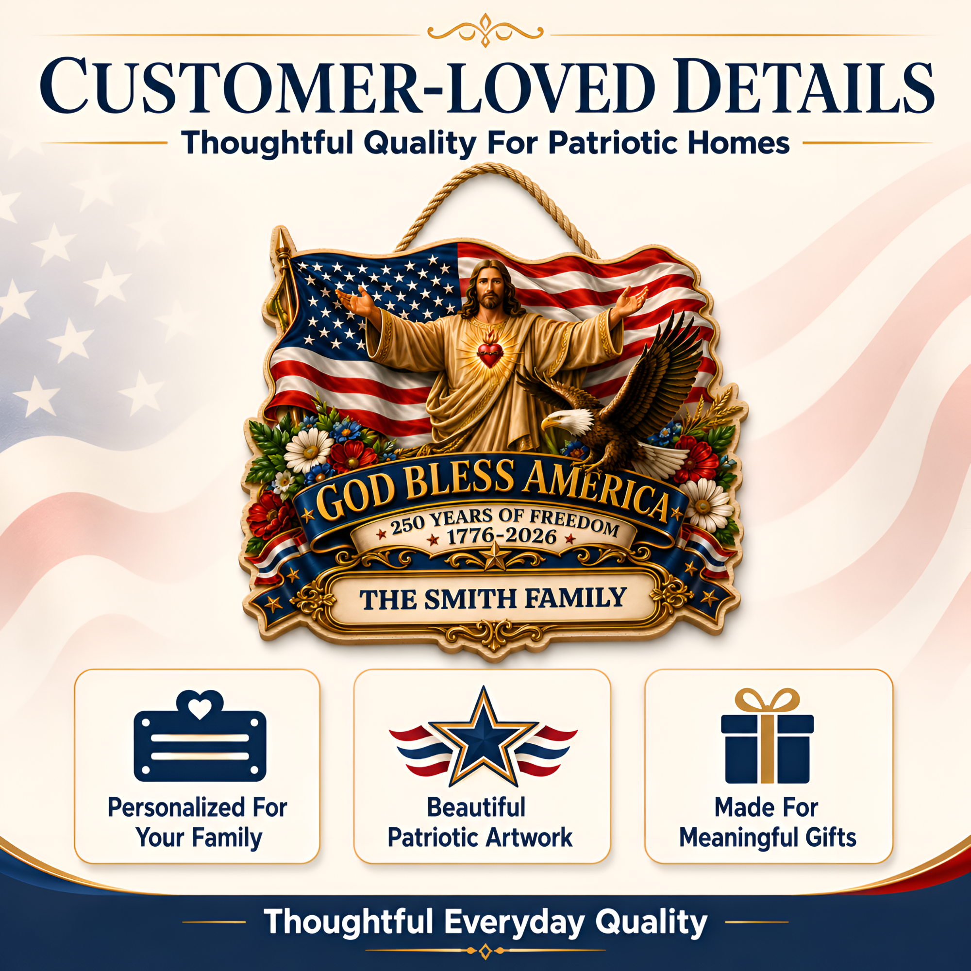 Hapigifts 250 Anniversary USA Woodsign, Patriotic Door Sign, God Bless America Wreath, Personalized Family Name Plywood Wall Decor For 4th Of July, 16, 18, 20, 24 In - D6