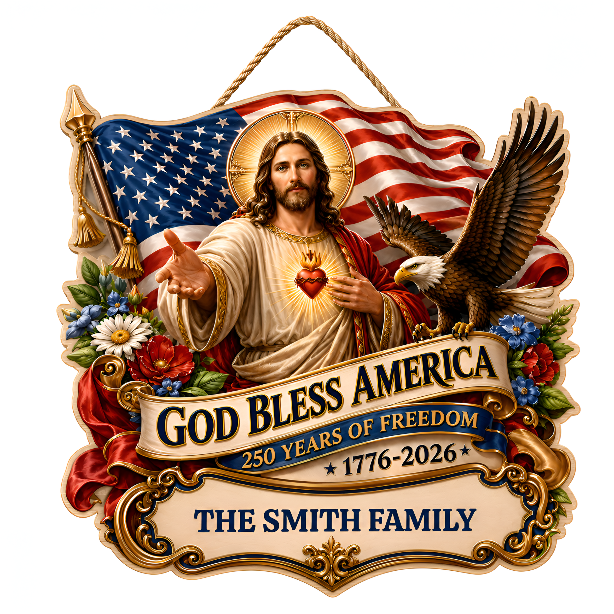 Hapigifts 250 Anniversary USA Woodsign, Patriotic Door Sign, God Bless America Wreath, Personalized Family Name Plywood Wall Decor For 4th Of July, 16, 18, 20, 24 In - D7