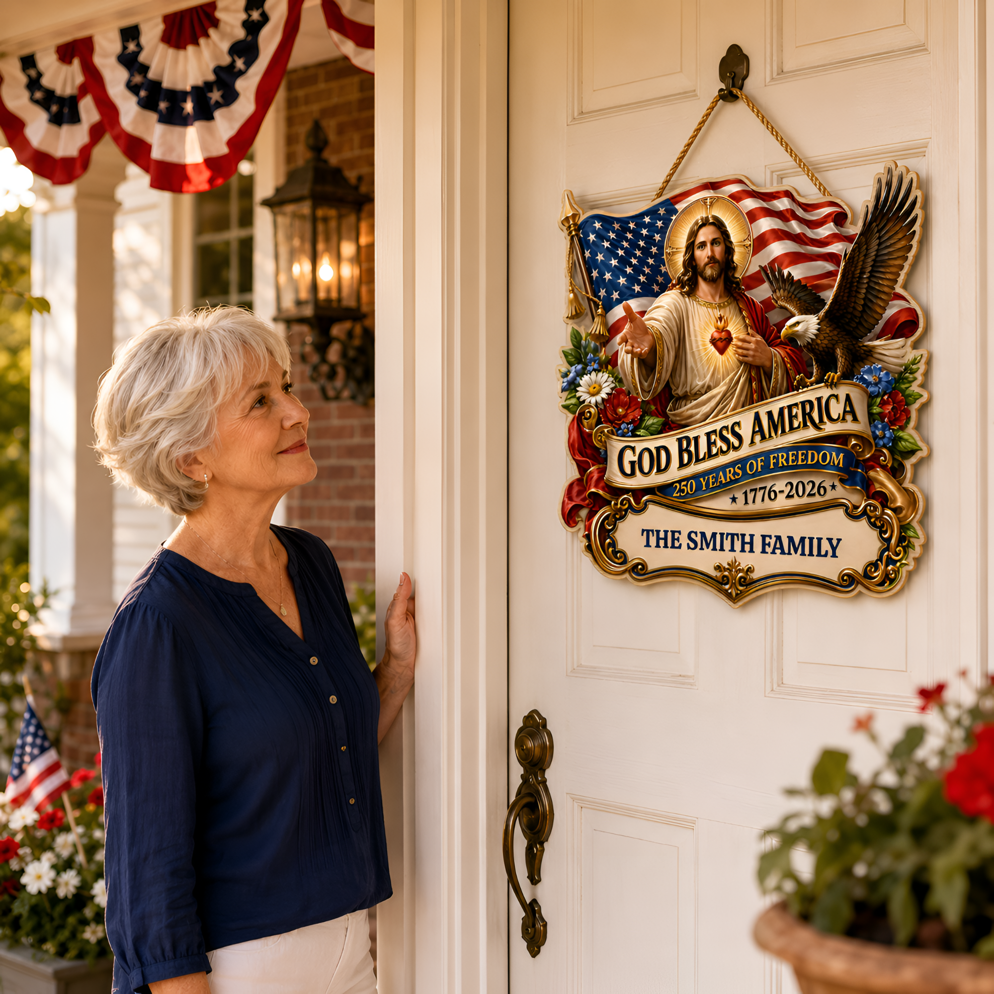 Hapigifts 250 Anniversary USA Woodsign, Patriotic Door Sign, God Bless America Wreath, Personalized Family Name Plywood Wall Decor For 4th Of July, 16, 18, 20, 24 In - D7