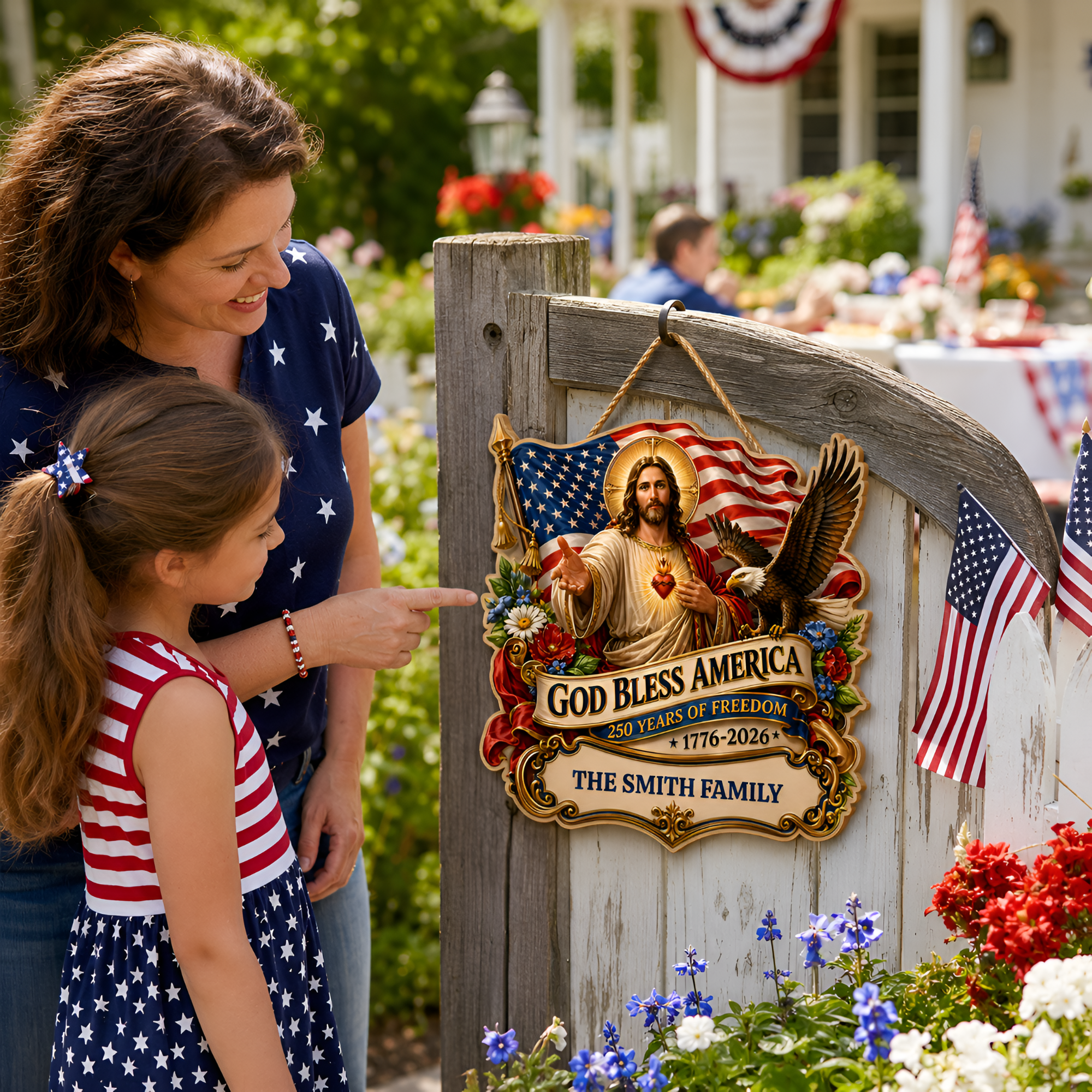 Hapigifts 250 Anniversary USA Woodsign, Patriotic Door Sign, God Bless America Wreath, Personalized Family Name Plywood Wall Decor For 4th Of July, 16, 18, 20, 24 In - D7