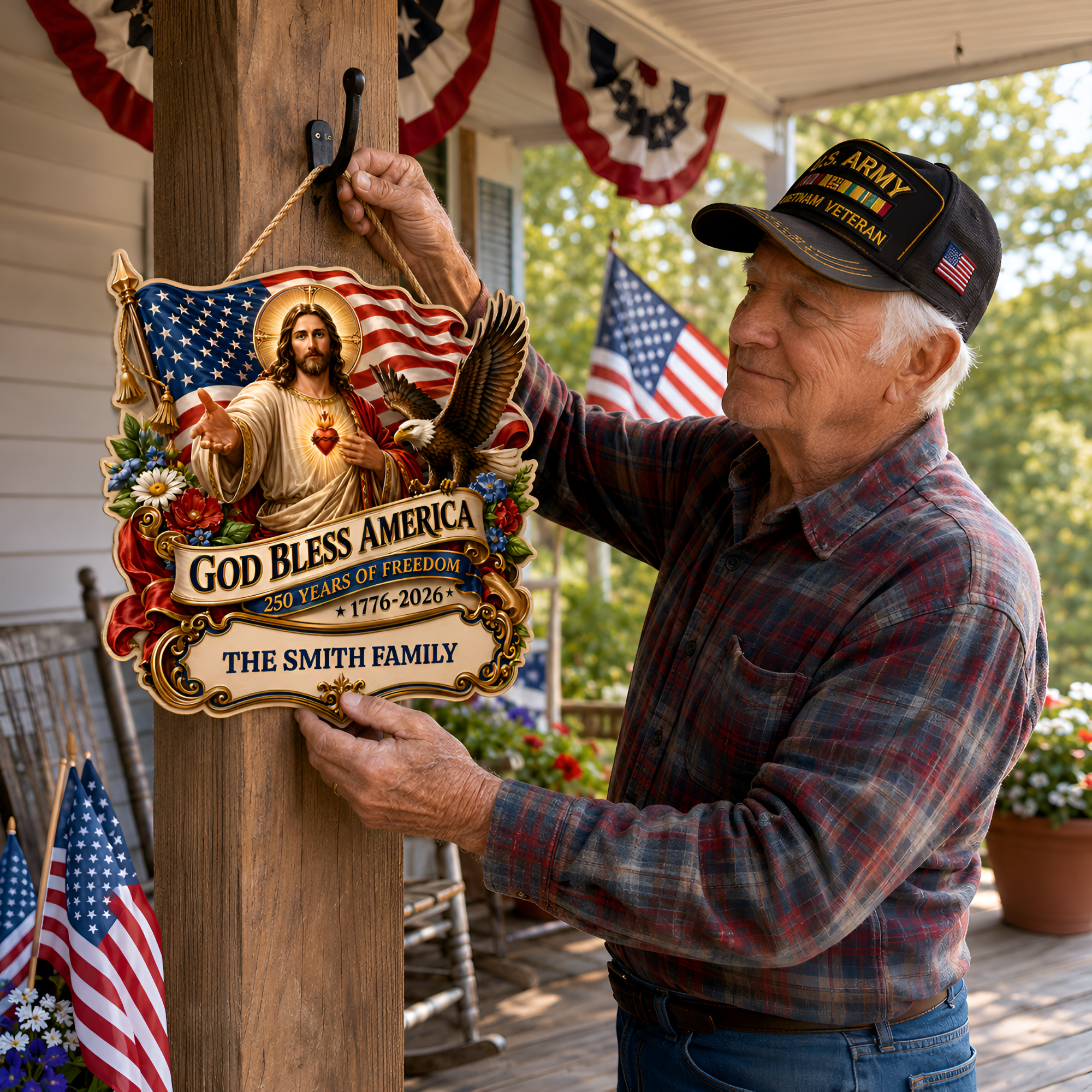 Hapigifts 250 Anniversary USA Woodsign, Patriotic Door Sign, God Bless America Wreath, Personalized Family Name Plywood Wall Decor For 4th Of July, 16, 18, 20, 24 In - D7
