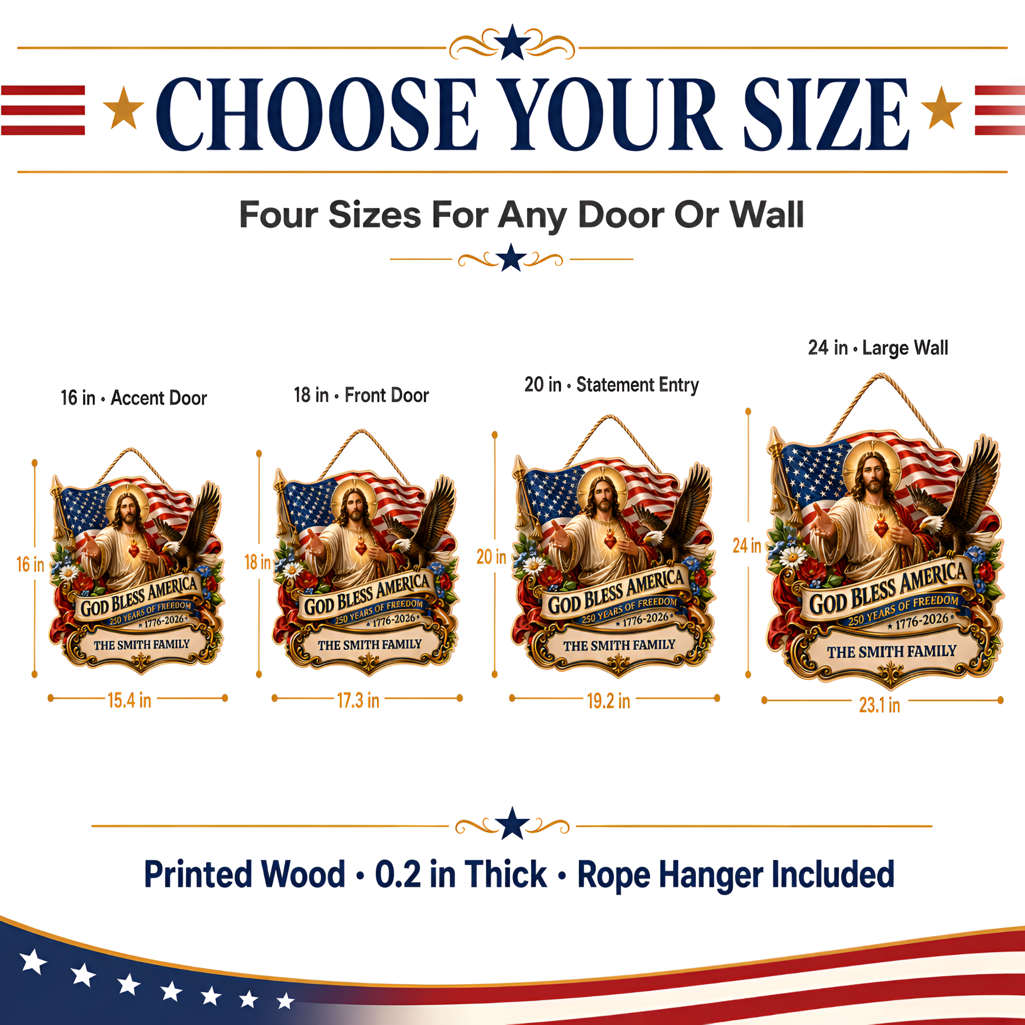 Hapigifts 250 Anniversary USA Woodsign, Patriotic Door Sign, God Bless America Wreath, Personalized Family Name Plywood Wall Decor For 4th Of July, 16, 18, 20, 24 In - D7