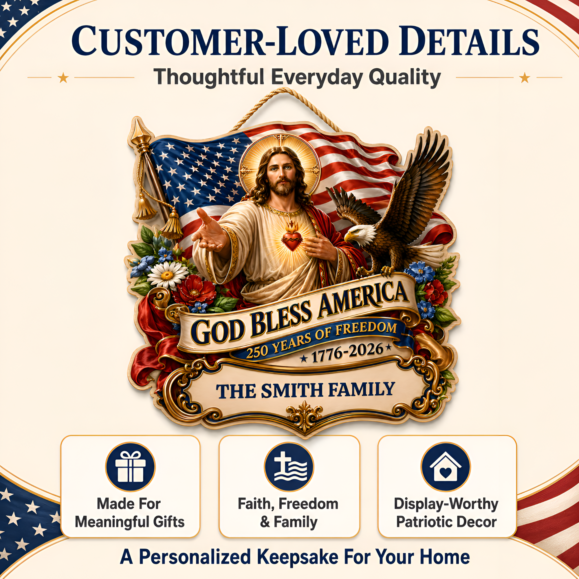 Hapigifts 250 Anniversary USA Woodsign, Patriotic Door Sign, God Bless America Wreath, Personalized Family Name Plywood Wall Decor For 4th Of July, 16, 18, 20, 24 In - D7