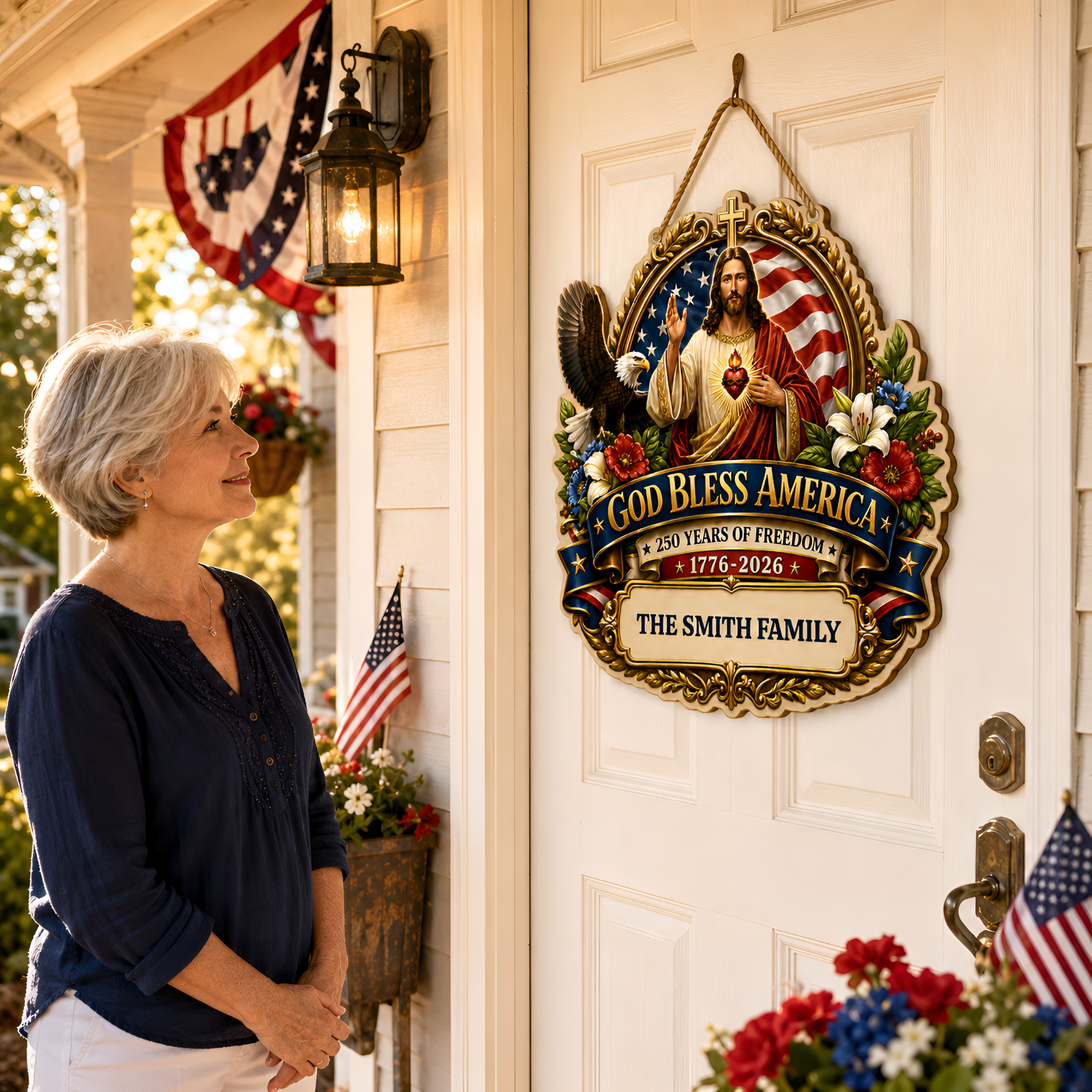 Hapigifts 250 Anniversary USA Woodsign, Patriotic Door Sign, God Bless America Wreath, Personalized Family Name Plywood Wall Decor For 4th Of July, 16, 18, 20, 24 In - D8