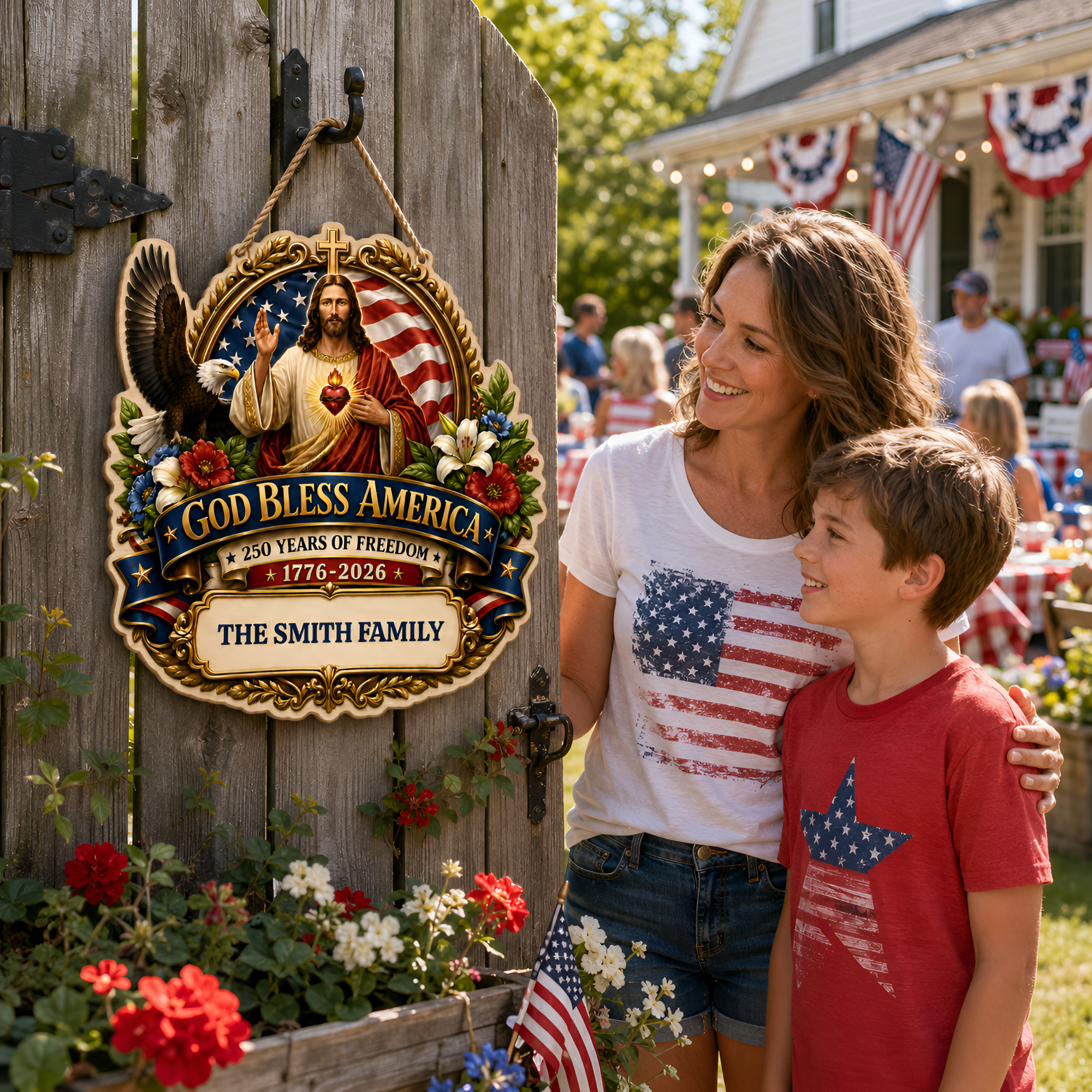 Hapigifts 250 Anniversary USA Woodsign, Patriotic Door Sign, God Bless America Wreath, Personalized Family Name Plywood Wall Decor For 4th Of July, 16, 18, 20, 24 In - D8