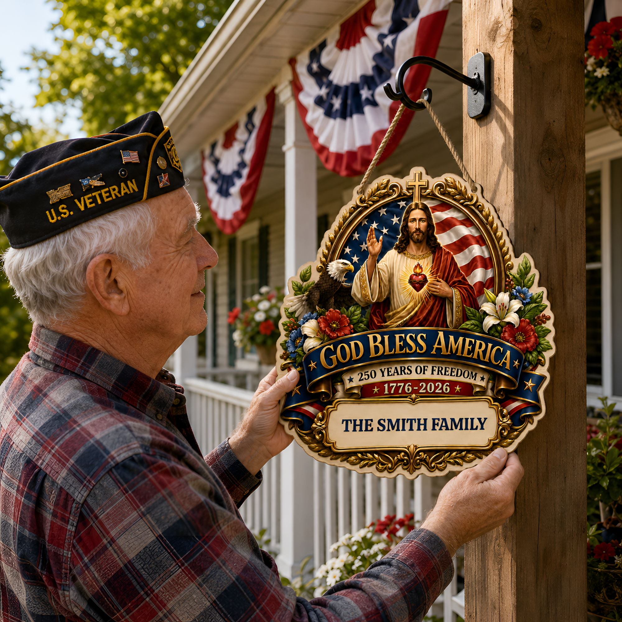 Hapigifts 250 Anniversary USA Woodsign, Patriotic Door Sign, God Bless America Wreath, Personalized Family Name Plywood Wall Decor For 4th Of July, 16, 18, 20, 24 In - D8