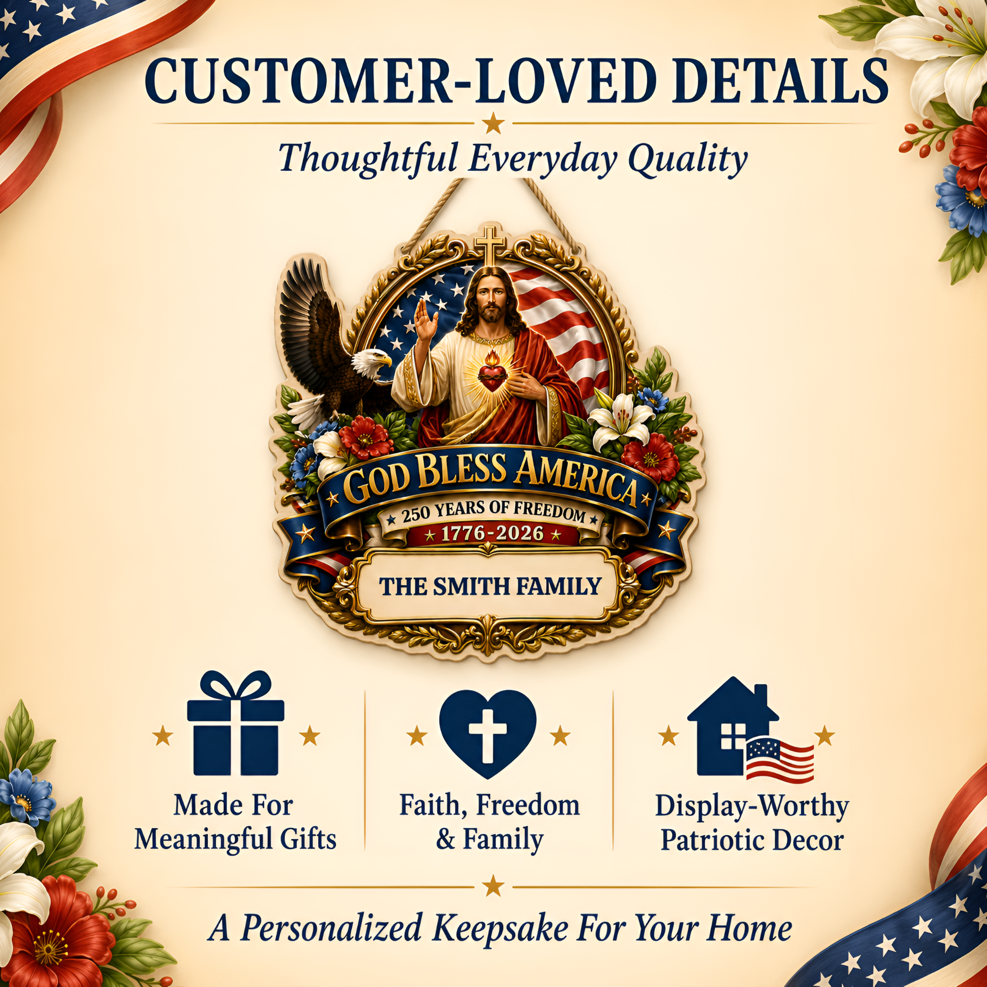 Hapigifts 250 Anniversary USA Woodsign, Patriotic Door Sign, God Bless America Wreath, Personalized Family Name Plywood Wall Decor For 4th Of July, 16, 18, 20, 24 In - D8