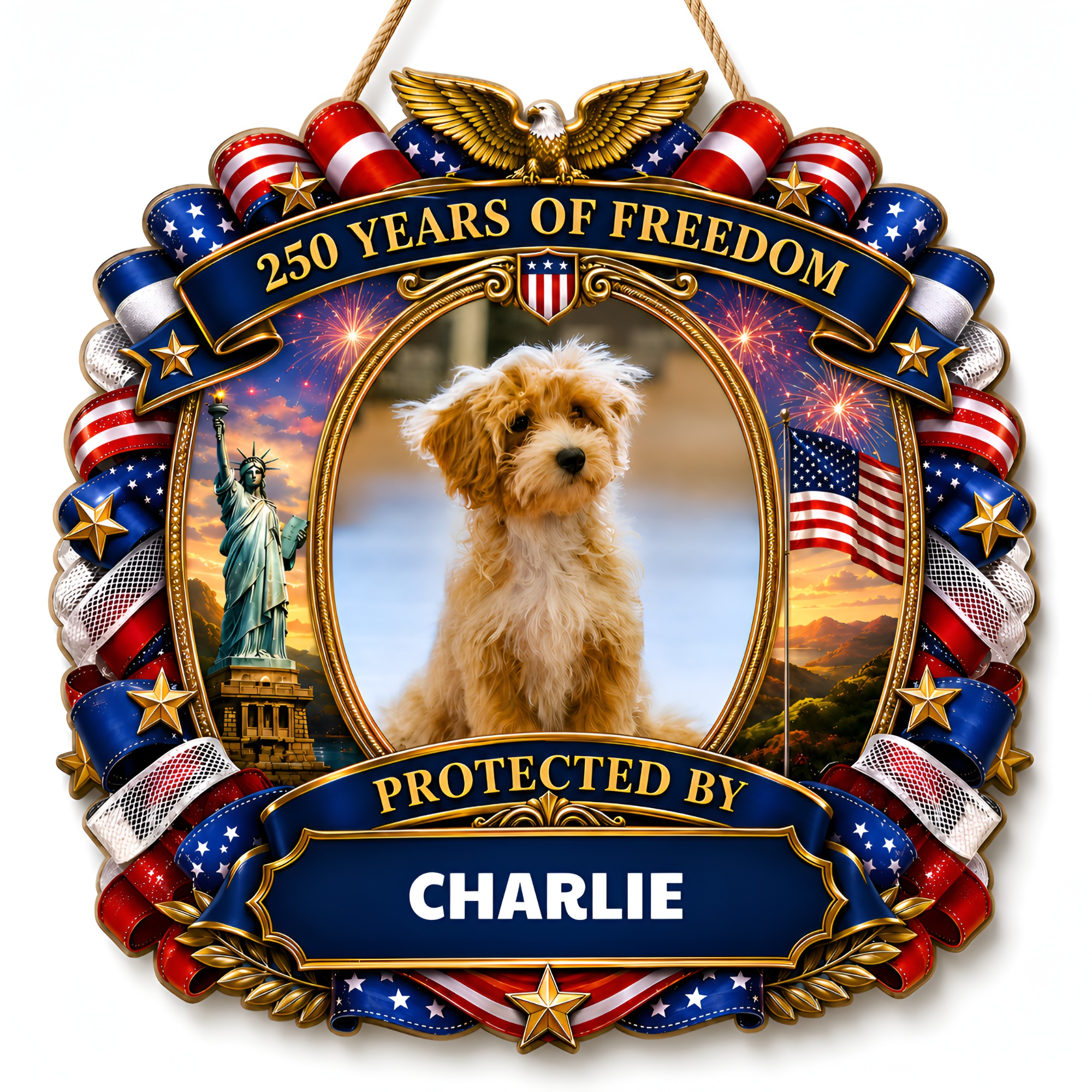 Custom Photo Wood Sign for Dog Parents, Personalized Gift for Dog Lovers, Patriotic Wooden Sign with Pet Photo, 250th Anniversary 1776-2026 Round Door Decor, 5 Sizes 16 to 30 Inch