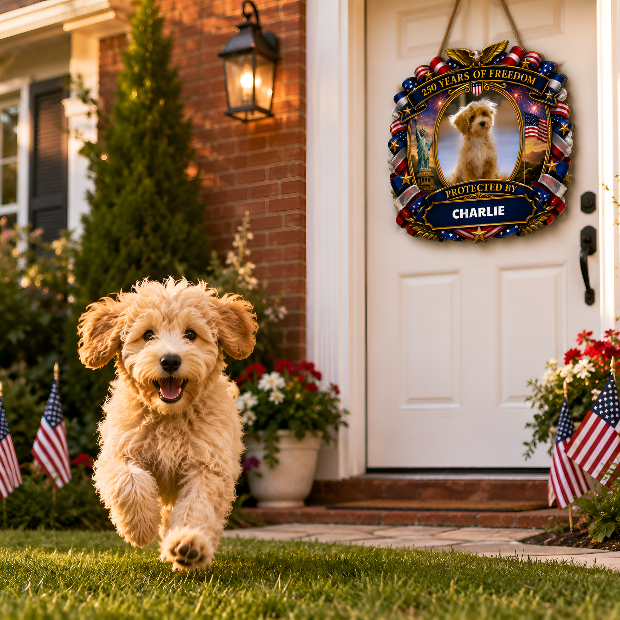 Custom Photo Wood Sign for Dog Parents, Personalized Gift for Dog Lovers, Patriotic Wooden Sign with Pet Photo, 250th Anniversary 1776-2026 Round Door Decor, 5 Sizes 16 to 30 Inch
