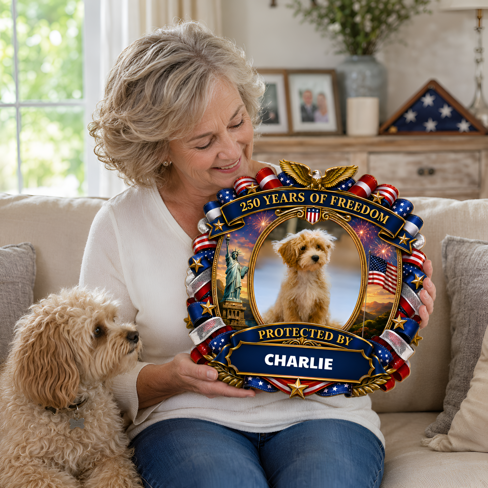 Custom Photo Wood Sign for Dog Parents, Personalized Gift for Dog Lovers, Patriotic Wooden Sign with Pet Photo, 250th Anniversary 1776-2026 Round Door Decor, 5 Sizes 16 to 30 Inch