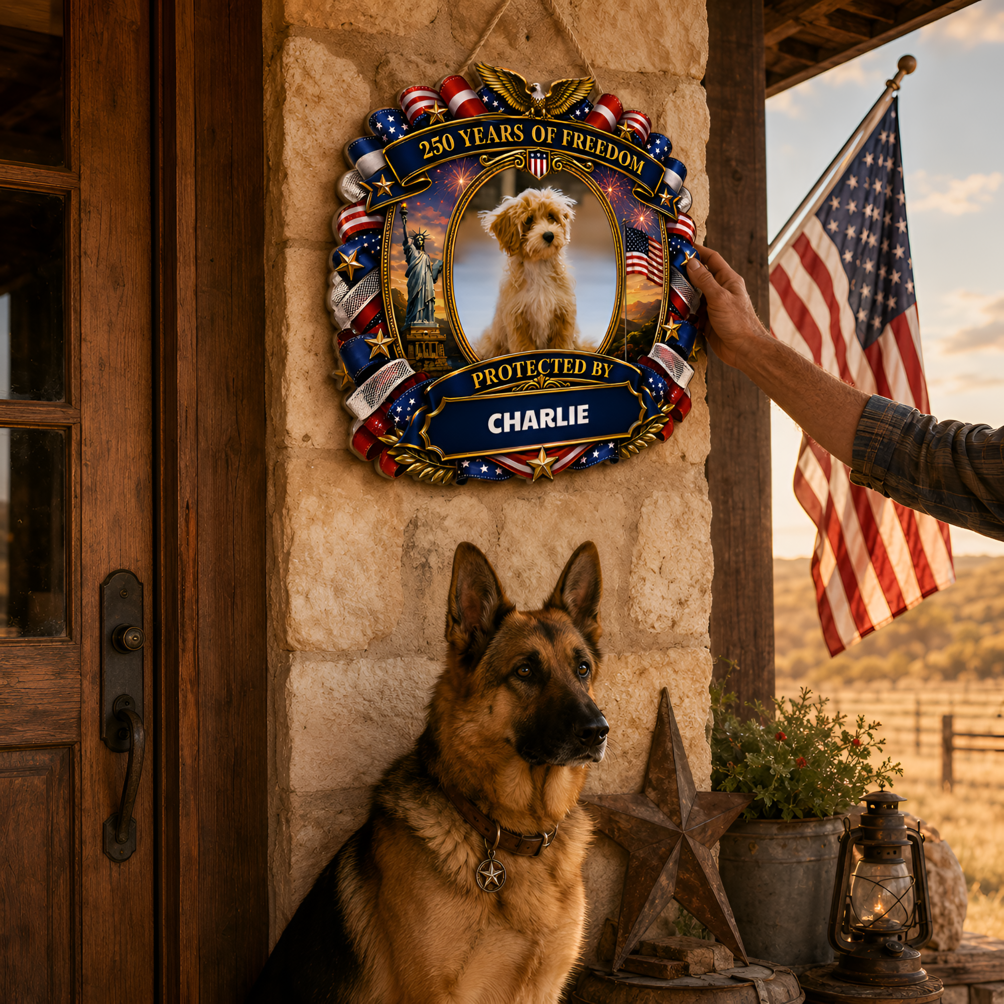 Custom Photo Wood Sign for Dog Parents, Personalized Gift for Dog Lovers, Patriotic Wooden Sign with Pet Photo, 250th Anniversary 1776-2026 Round Door Decor, 5 Sizes 16 to 30 Inch