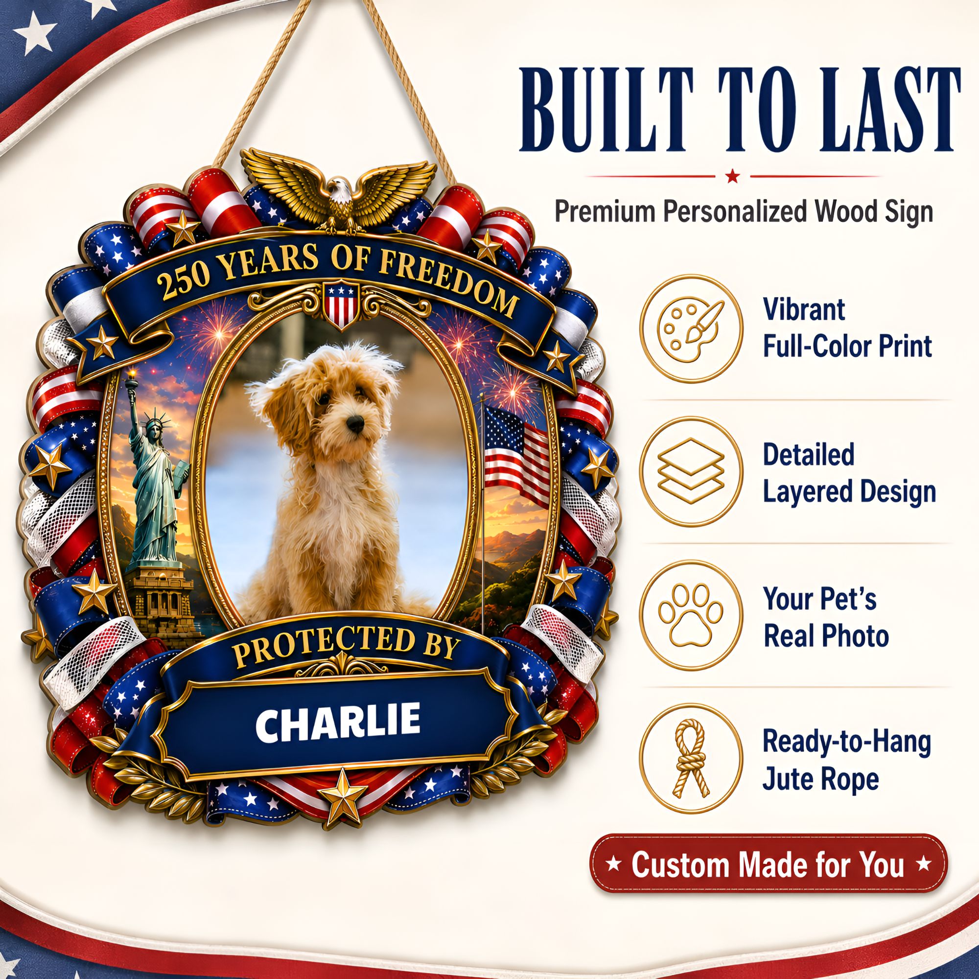 Custom Photo Wood Sign for Dog Parents, Personalized Gift for Dog Lovers, Patriotic Wooden Sign with Pet Photo, 250th Anniversary 1776-2026 Round Door Decor, 5 Sizes 16 to 30 Inch