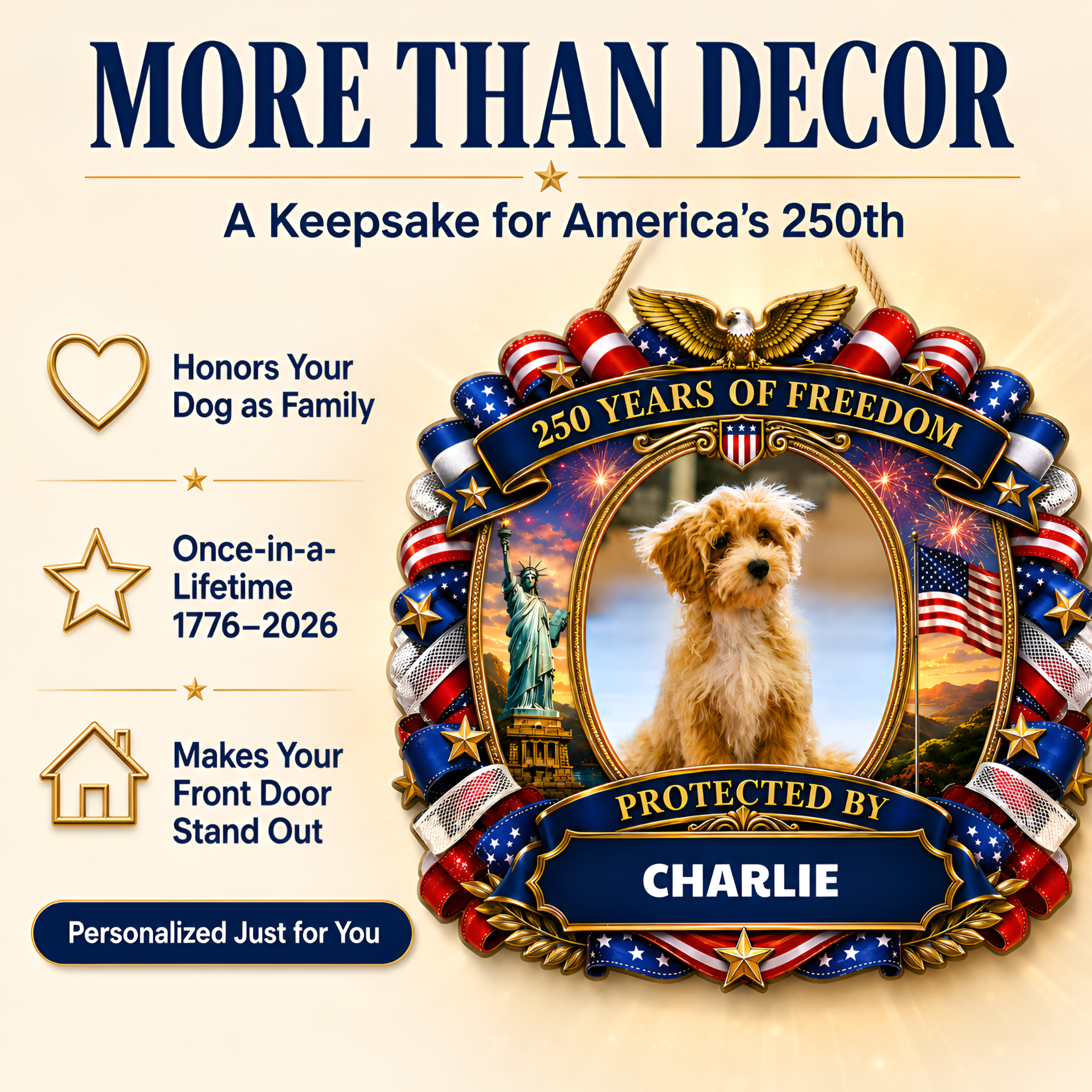Custom Photo Wood Sign for Dog Parents, Personalized Gift for Dog Lovers, Patriotic Wooden Sign with Pet Photo, 250th Anniversary 1776-2026 Round Door Decor, 5 Sizes 16 to 30 Inch