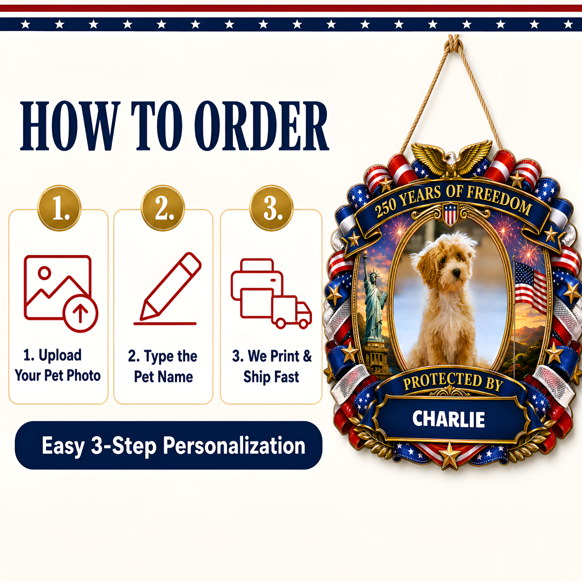 Custom Photo Wood Sign for Dog Parents, Personalized Gift for Dog Lovers, Patriotic Wooden Sign with Pet Photo, 250th Anniversary 1776-2026 Round Door Decor, 5 Sizes 16 to 30 Inch