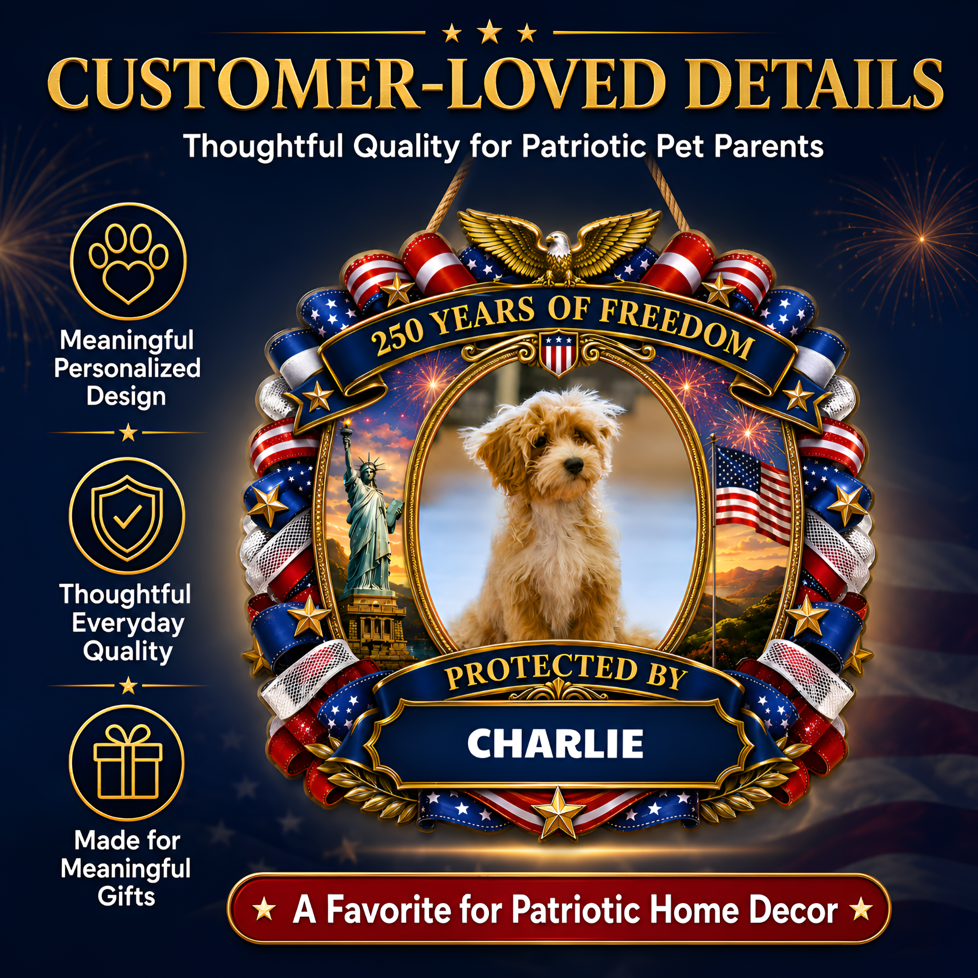 Custom Photo Wood Sign for Dog Parents, Personalized Gift for Dog Lovers, Patriotic Wooden Sign with Pet Photo, 250th Anniversary 1776-2026 Round Door Decor, 5 Sizes 16 to 30 Inch