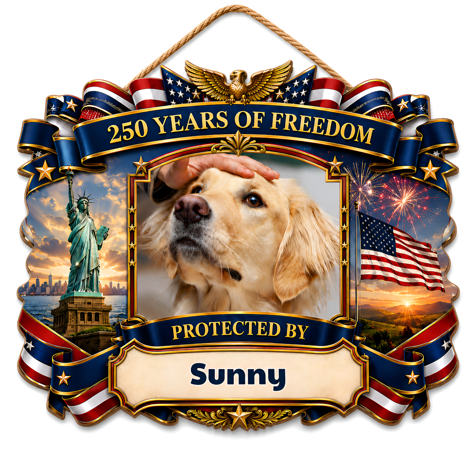 Custom Photo Wood Sign for Dog Parents, Personalized Gift for Dog Lovers, Patriotic Wooden Sign with Pet Photo, 250th Anniversary 1776-2026 Round Door Decor, 5 Sizes 16 to 30 Inch