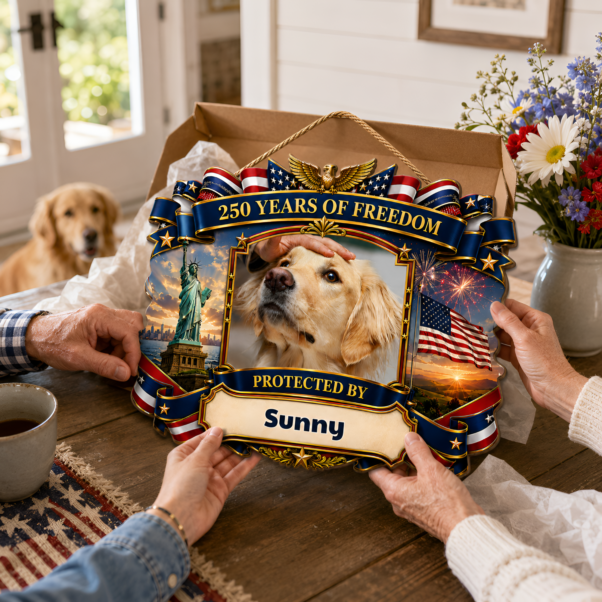 Custom Photo Wood Sign for Dog Parents, Personalized Gift for Dog Lovers, Patriotic Wooden Sign with Pet Photo, 250th Anniversary 1776-2026 Round Door Decor, 5 Sizes 16 to 30 Inch