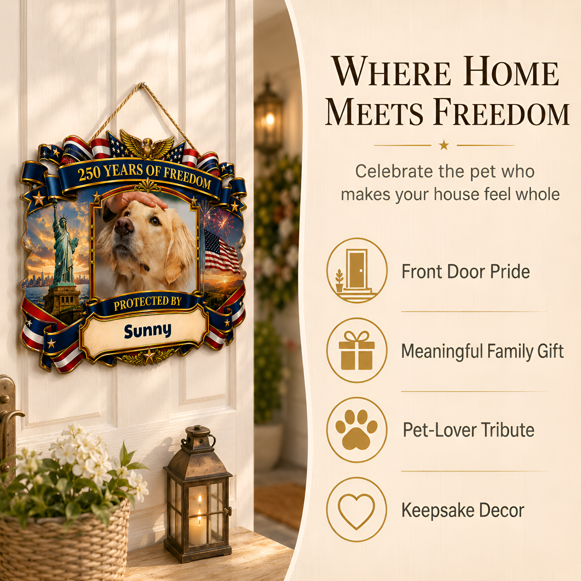 Custom Photo Wood Sign for Dog Parents, Personalized Gift for Dog Lovers, Patriotic Wooden Sign with Pet Photo, 250th Anniversary 1776-2026 Round Door Decor, 5 Sizes 16 to 30 Inch