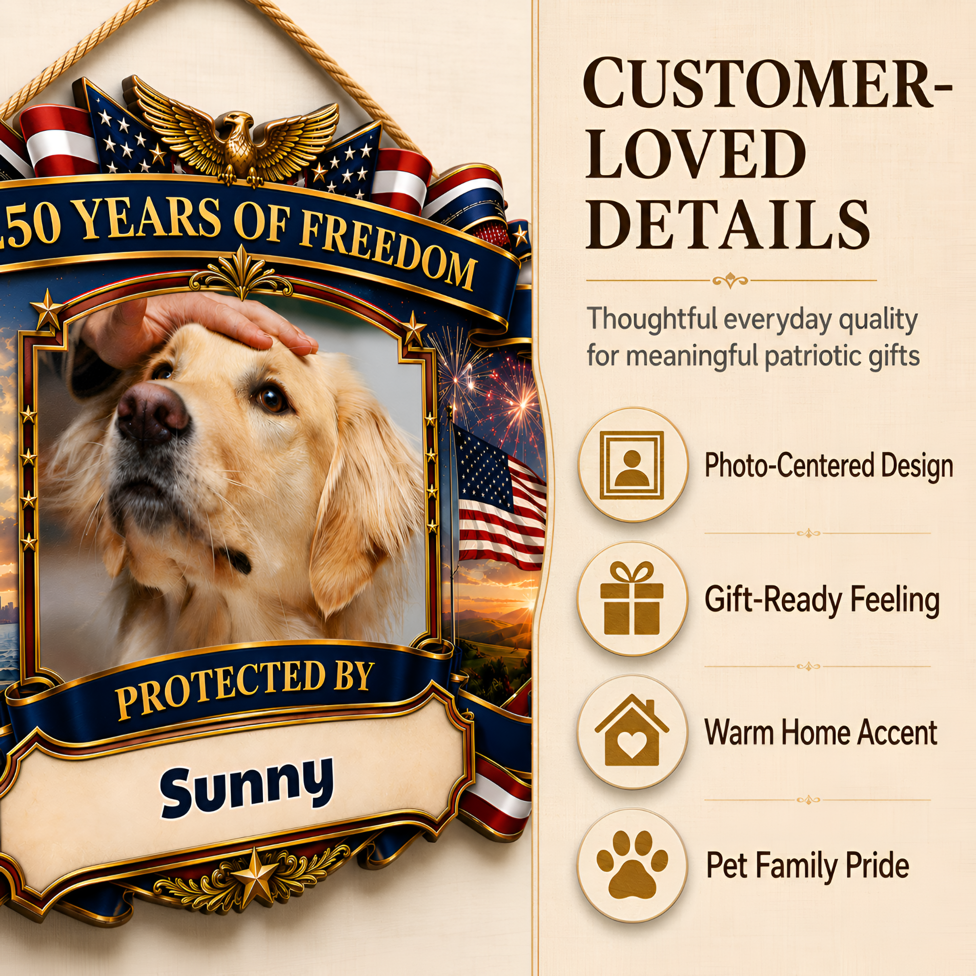 Custom Photo Wood Sign for Dog Parents, Personalized Gift for Dog Lovers, Patriotic Wooden Sign with Pet Photo, 250th Anniversary 1776-2026 Round Door Decor, 5 Sizes 16 to 30 Inch