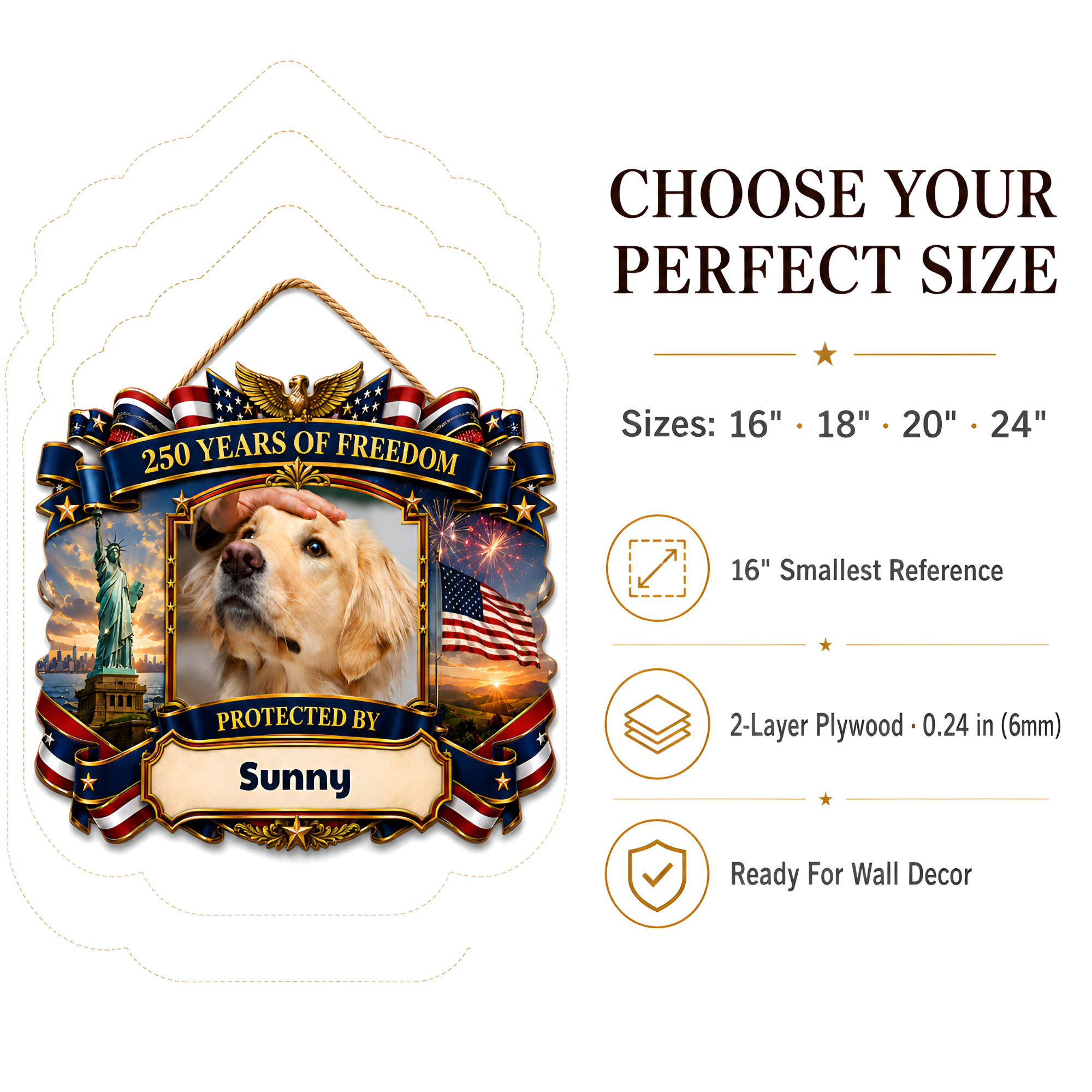 Custom Photo Wood Sign for Dog Parents, Personalized Gift for Dog Lovers, Patriotic Wooden Sign with Pet Photo, 250th Anniversary 1776-2026 Round Door Decor, 5 Sizes 16 to 30 Inch