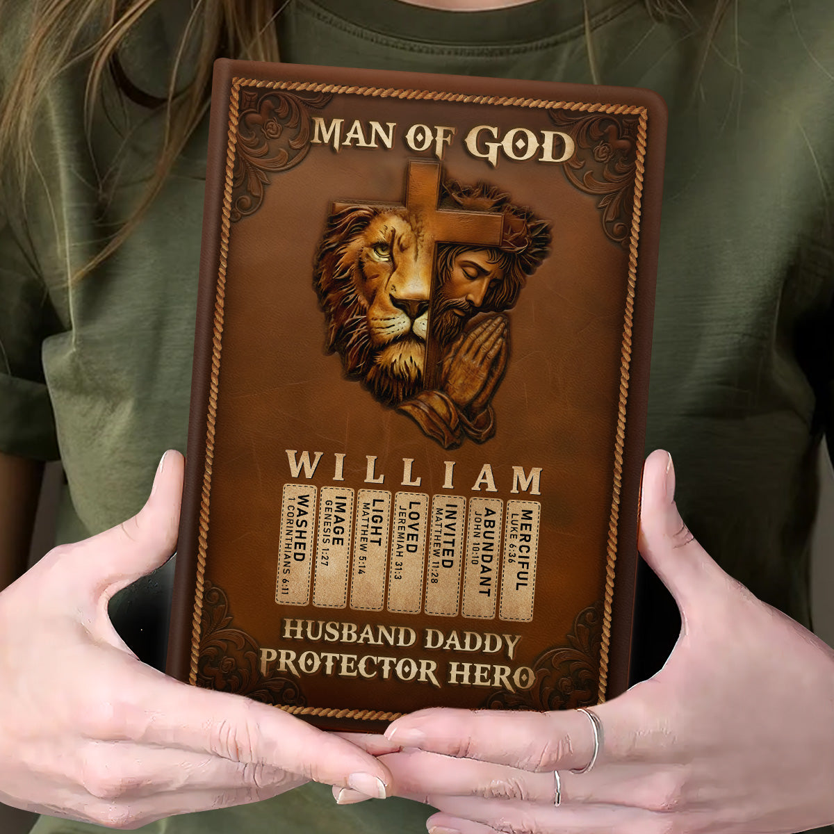 Man Of God Husband Dad Protector Hero | Personalized Leather Cover Notebook