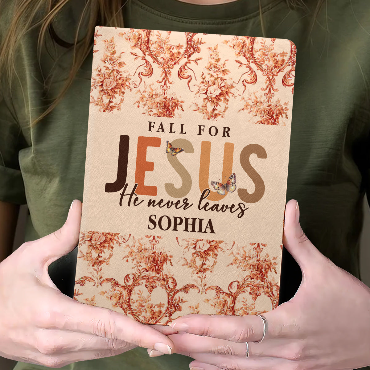 Fall For Jesus He Never Leaves | Personalized Leather Cover Notebook