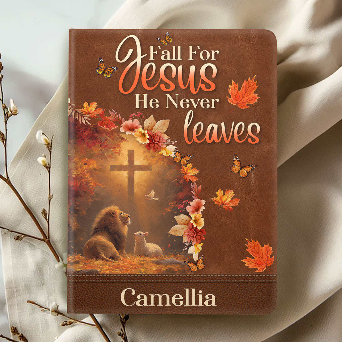 Fall For Jesus He Never Leaves | Personalized Leather Cover Notebook