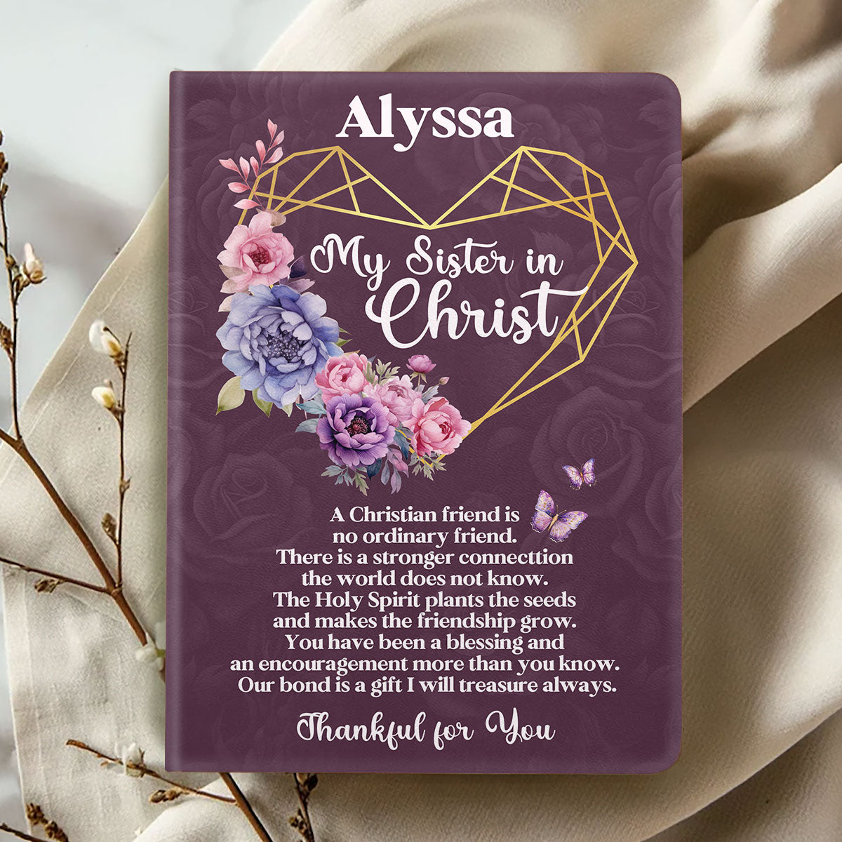 Thankful For My Sister In Christ | Personalized Leather Cover Notebook
