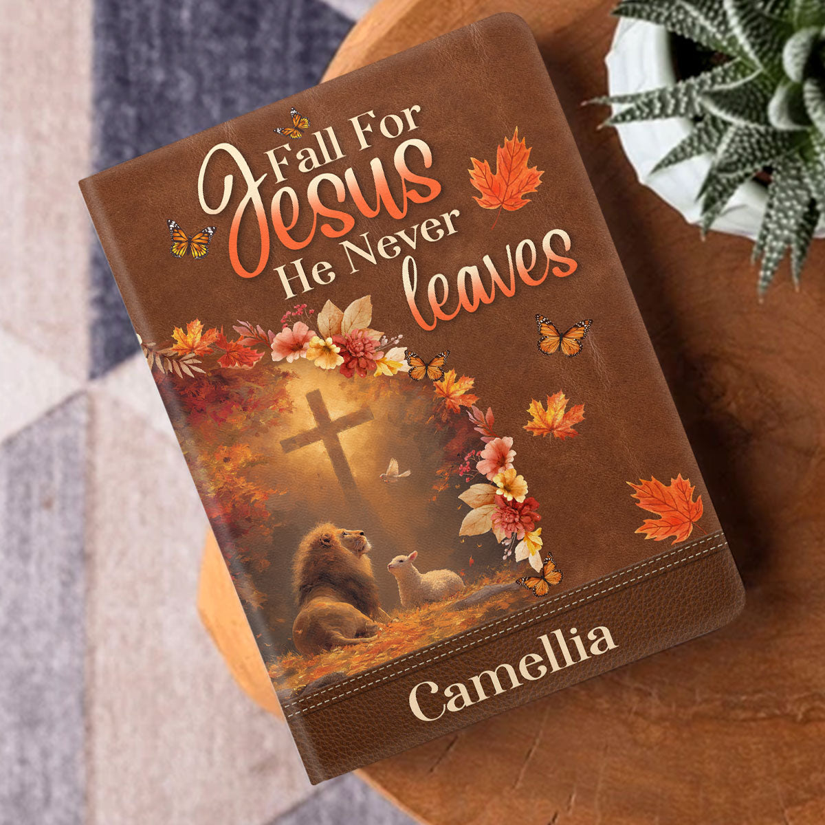 Fall For Jesus He Never Leaves | Personalized Leather Cover Notebook