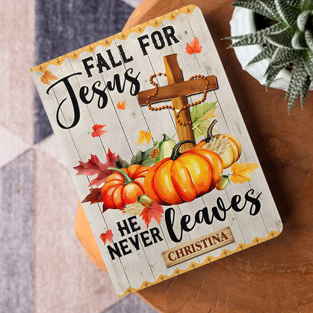 Fall For Jesus He Never Leaves | Personalized Leather Cover Notebook