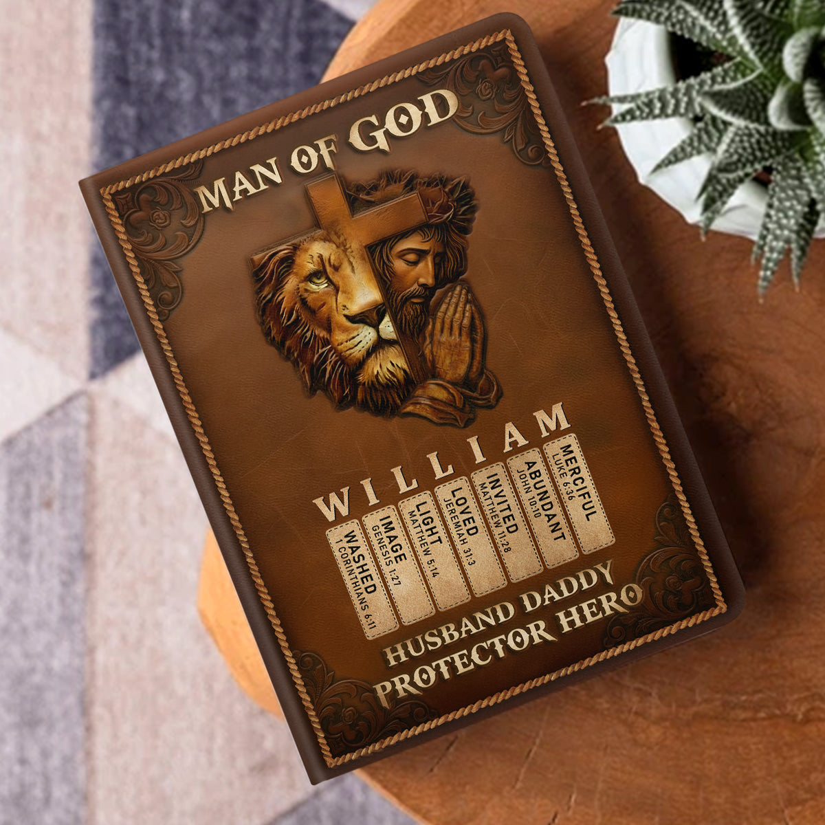 Man Of God Husband Dad Protector Hero | Personalized Leather Cover Notebook