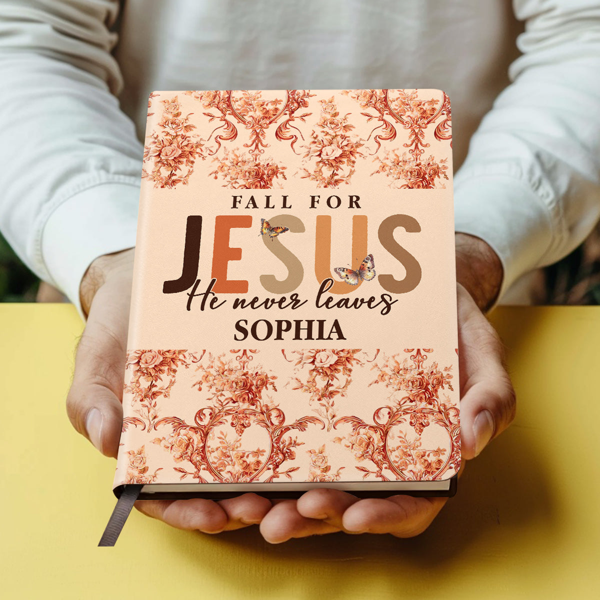 Fall For Jesus He Never Leaves | Personalized Leather Cover Notebook