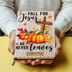 Fall For Jesus He Never Leaves | Personalized Leather Cover Notebook