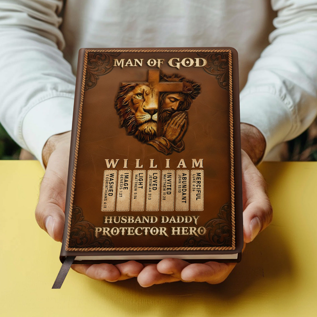 Man Of God Husband Dad Protector Hero | Personalized Leather Cover Notebook
