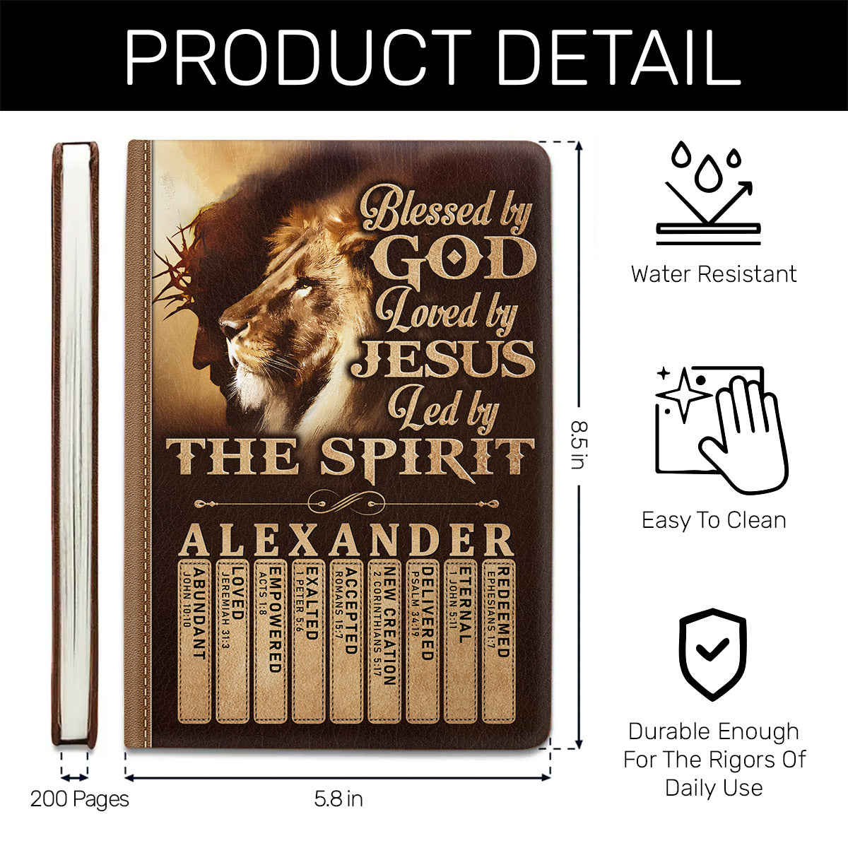 Blessed By God Loved By Jesus Led By The Spirit | Personalized Leather Cover Notebook
