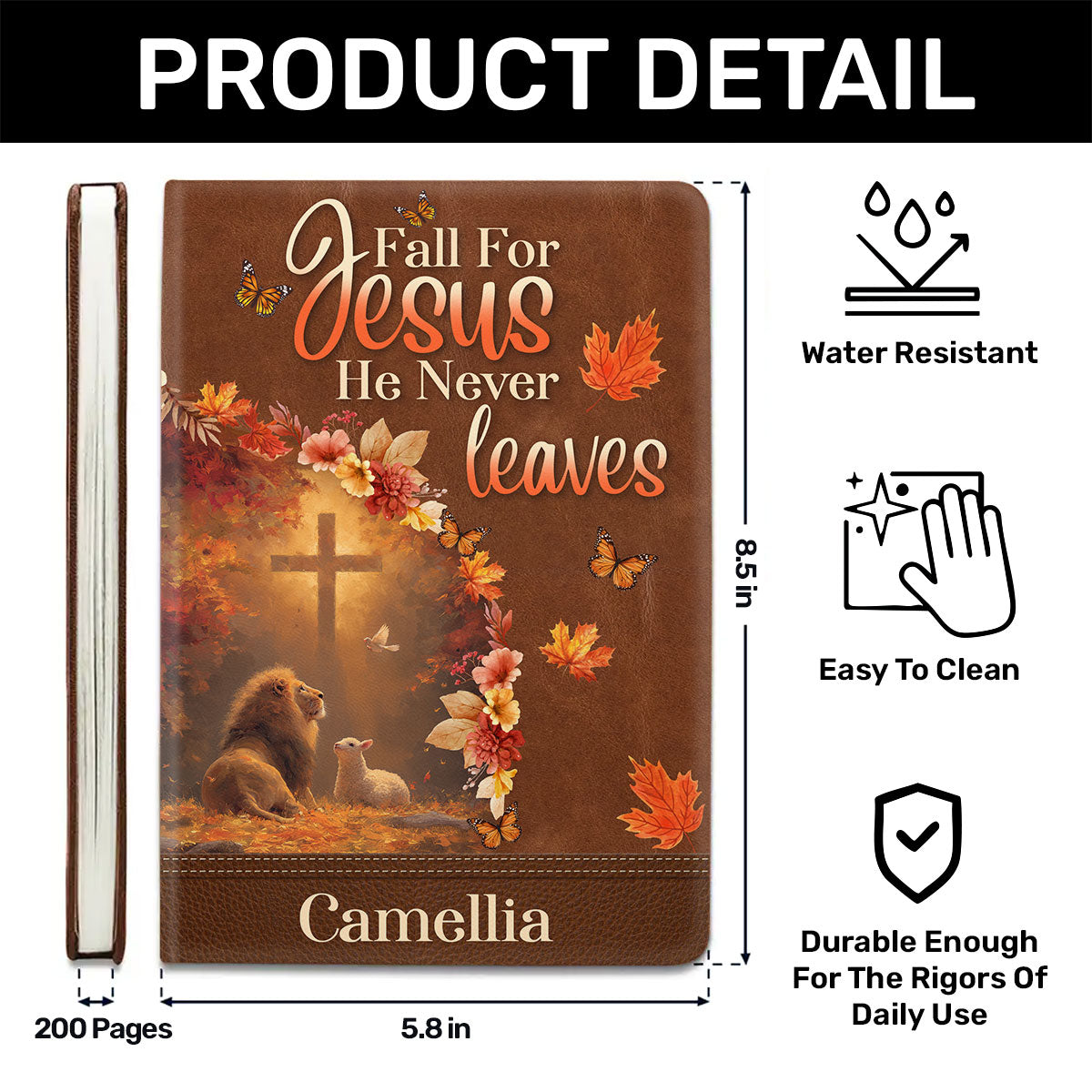 Fall For Jesus He Never Leaves | Personalized Leather Cover Notebook